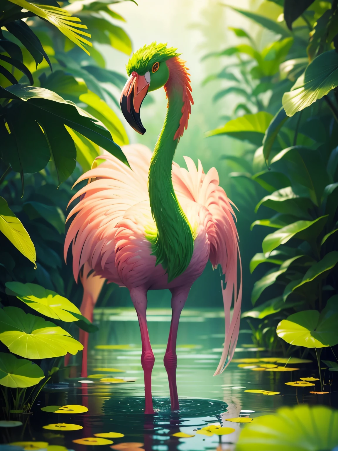 lime green flamingo, standing in a pond, ultra detailed, high quality, 8k resolution