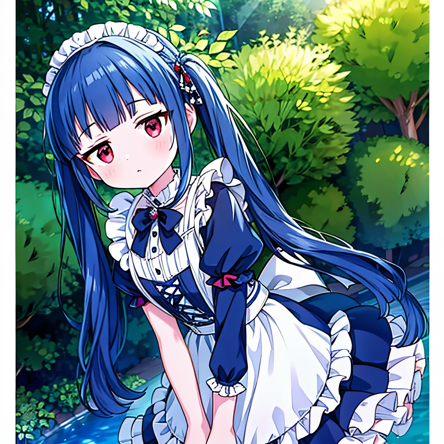 beautiful girl with red eyes, pale skin, dark blue hair with long twintails, perfect face, perfect eyes, wearing a sexy maid costume, very detailed, comprehensive movie, digital painting,anime, highest quality, High resolution, Fine work, Post-processing, perfect result