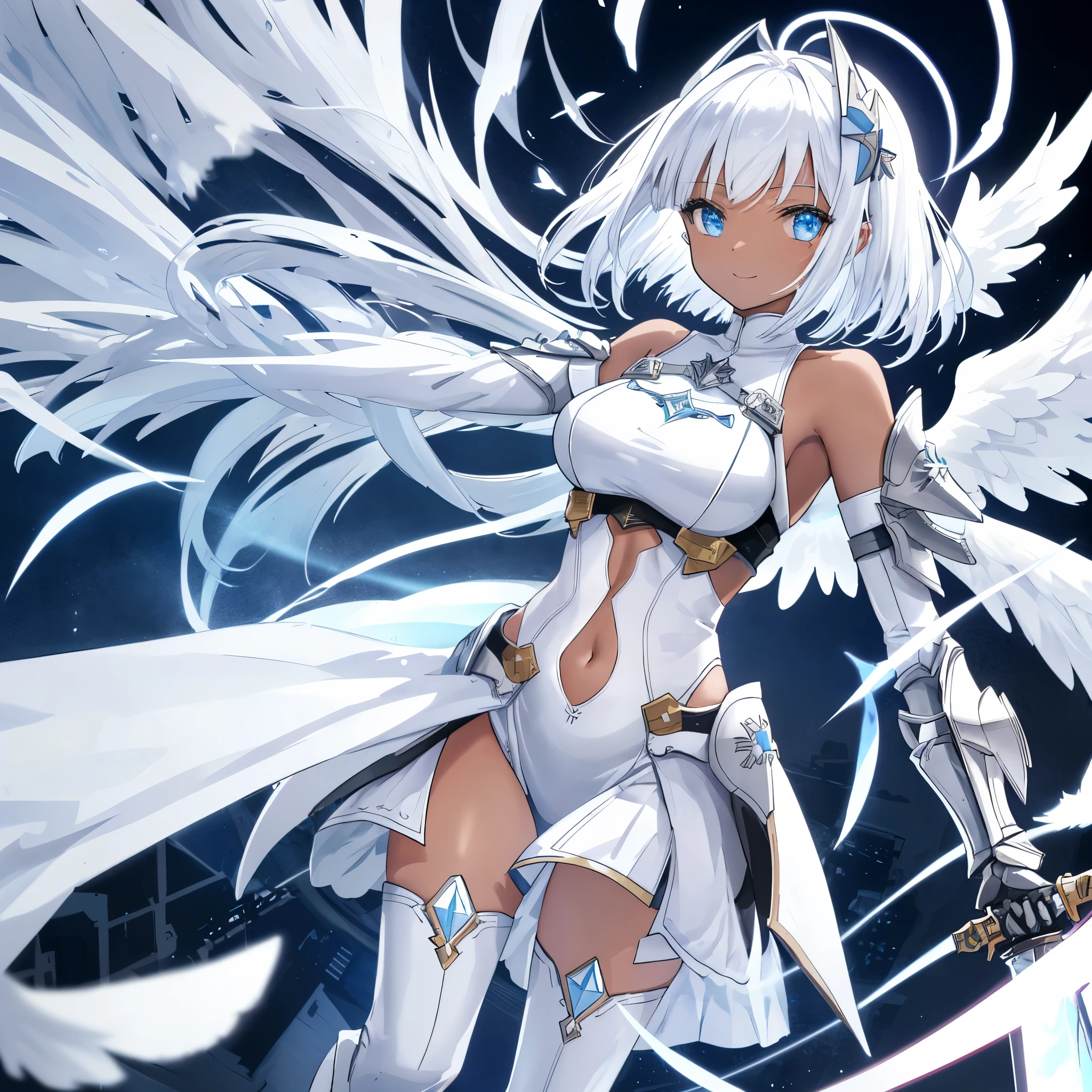 fantasy, 1angel_girl, low_teen, white_medium_bob_hair,long_bangs, (dark_skin)+, bare_shoulder, navel out, thighhighs,silver_shiny_armor, white_clothes,waist_armor, Glebe, hold_shiny_swords, medium_breasts,, dynamic_pose_fighting,Floating, (1pair_white_wings,pelvic_curtain)++, Headgear ,city_sky_background,,slightly_spread_legs, light_smile,multiple_shiny_swords_floating_around_the_girl