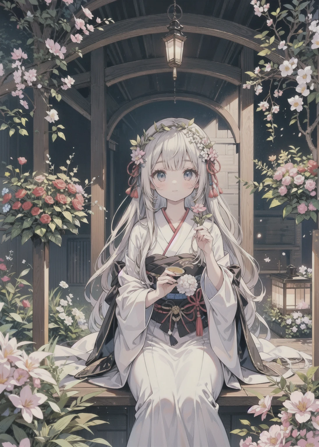 Goddess presiding over spring, Japanese attire, soft smile, spring, ephemeral, fields, spring flowers, natural light, daylight, mysterious, divine,