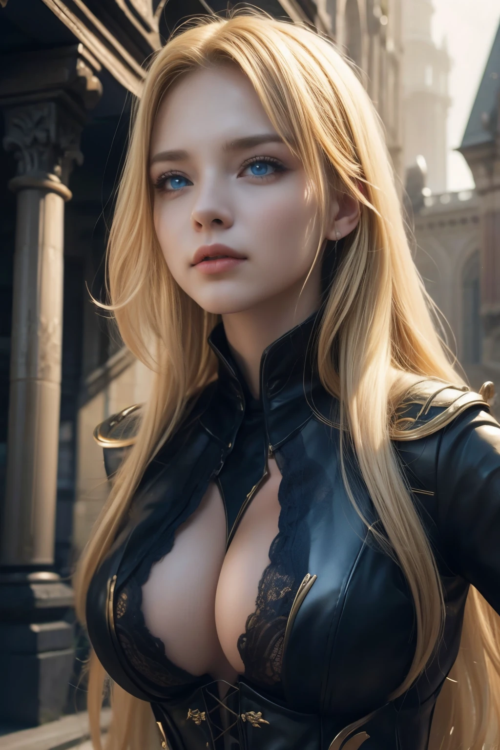 (extremely detailed CG unity 8k wallpaper,masterpiece, best quality, ultra-detailed),(best illumination, best shadow, an extremely delicate and beautiful),floating,high saturation,blonde hair+blue eyes:1.2,gloomy gothic scenery, long hair, gaze into the distance. (A beautiful girl with long blonde hair and blue eyes sparkling gothic lighting)