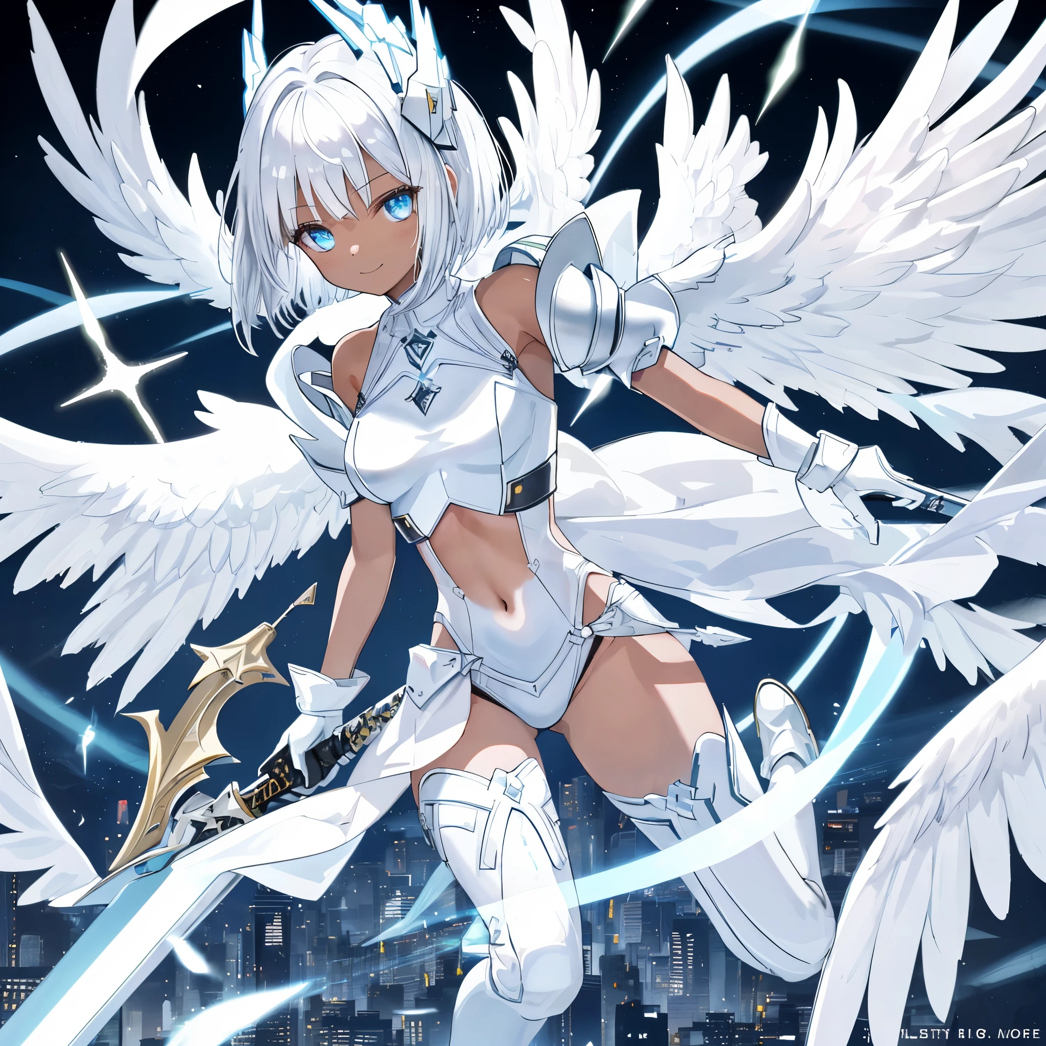 fantasy, 1angel_girl, low_teen, white_medium_bob_hair,long_bangs, (dark_skin)+, bare_shoulder, navel out, thighhighs,silver_shiny_armor, white_clothes,waist_armor, Glebe, hold_shiny_swords, medium_breasts,, dynamic_pose_fighting,Floating, (1pair_white_wings,pelvic_curtain)++, Headgear ,city_sky_background,,slightly_spread_legs, light_smile,multiple_shiny_swords_floating_around_the_girl