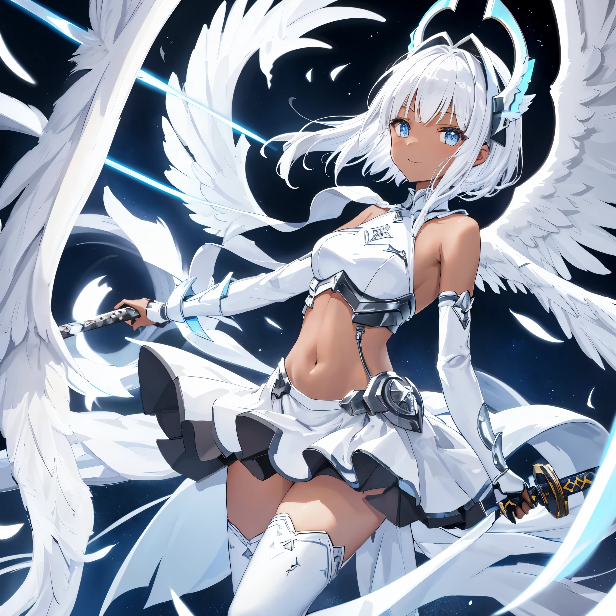 fantasy, 1angel_girl, low_, white_medium_bob_hair,long_bangs, (dark_skin)+, bare_shoulder, navel out, thighhighs,silver_shiny_armor, white_clothes,waist_armor, Glebe, hold_shiny_swords, medium_breasts,, dynamic_pose_fighting,Floating, (1pair_white_wings,pelvic_curtain)++, Headgear ,city_sky_background,,slightly_spread_legs, light_smile,multiple_shiny_swords_floating_around_the_girl