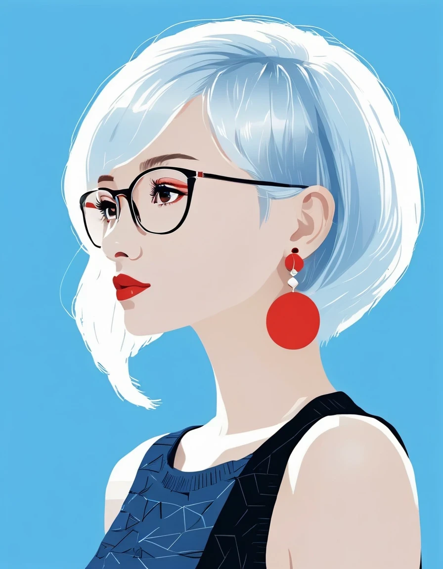 vector art，Helen Huang style，Modern girl，portrait，super short hair，Black sleeveless tight sweater，red geometric earrings，big glasses，white hair，blue background，vector illustration vector illustration，Flat design style Flat design style，flat illustration flat illustration