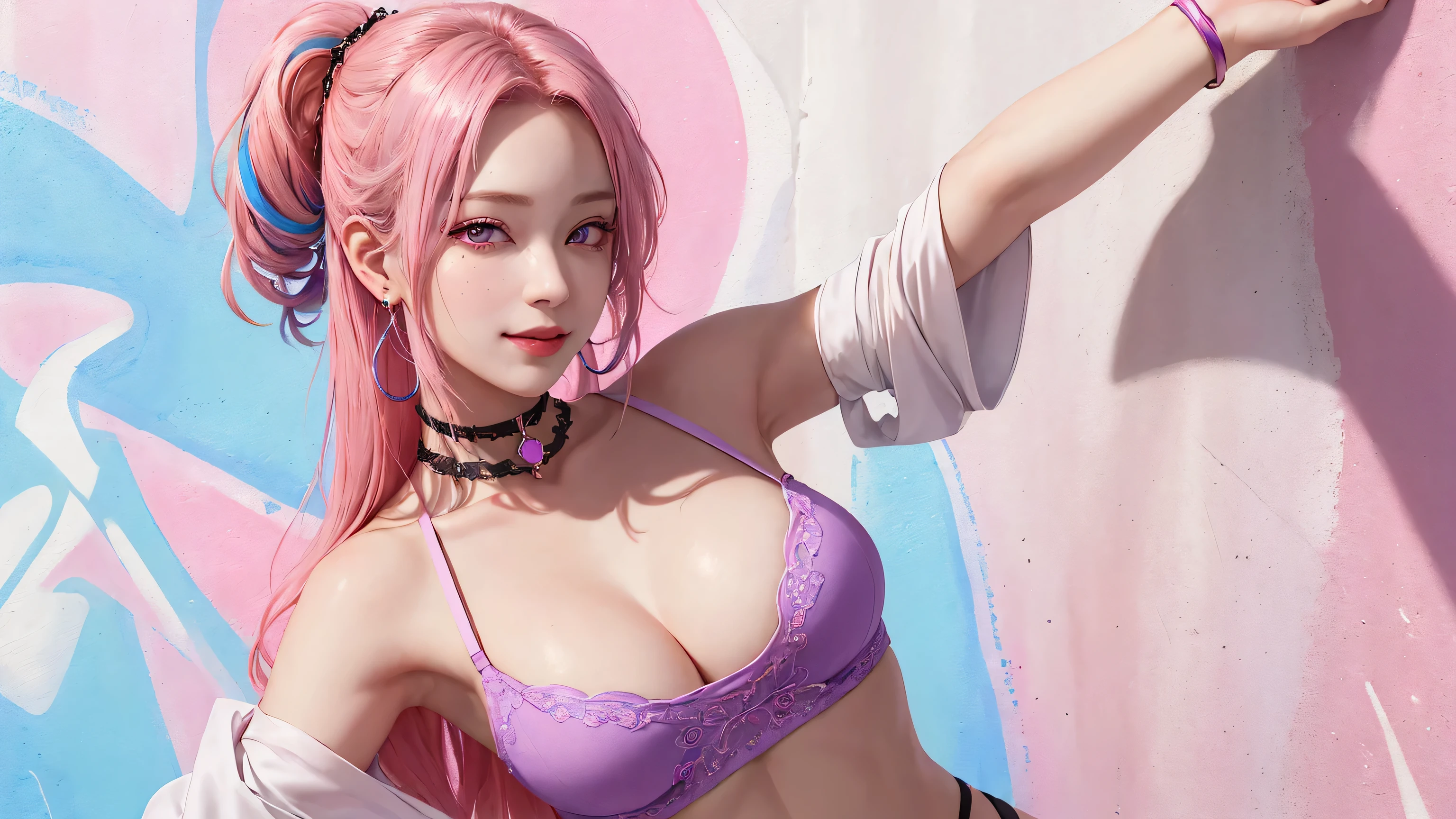 (masterpiece, best quality, 1girl, solo, intricate details, chromatic aberration), realistic, ((medium breath)),long hair, pink hair, red head ornament, pink highlights, hair over one eye,purple eyes, earrings, sharp eyes, choker, neon shirt, She wears a collar, bangles, and a kimono-style garter belt., crop top, (symmetry eyes),(perfect symmetrical body),against wall, brick wall, (colorful graffiti words on wall:1.2), dim lighting, alley ,look at viewer、dig breasts、smile、(No sleeve、Navel exposed、fitted turtleneck)、hot pants string street、thin butt、Please generate above the eaves.、thin shoulders、In underwear、