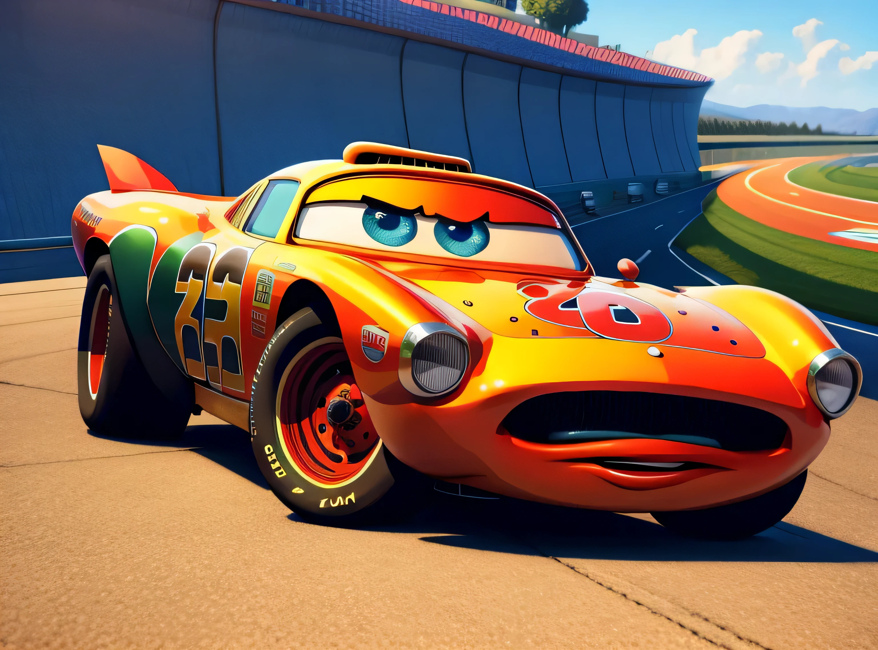 racing auto, autotoon, auto, mcqueen,caballo salvaje , vehicle, detallado, CG, detallado eyes and mouth, 3d representation, pixar, eyes, mirando al espectador, renderizado hq humano ho, arte de personajes, Fondo blanco, arte oficial, en una autopista