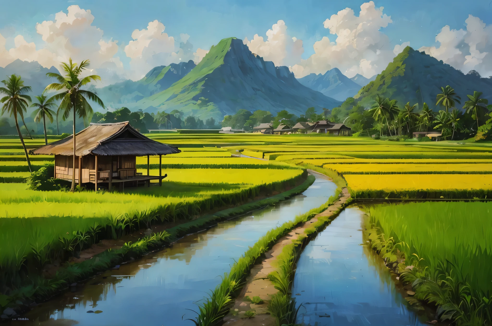 The waterfall flows from between two short cliffs and falls into a clear poolwith clear water and a few natural rocks, there is a small hut, surrounded by tropical forest plants such as shady Wood trees, banana trees, a deer is drinking.with a distant backdrop of volcanoes and vast rice fields thick with rice plants, blue sky, bright white clouds, realistic photography.