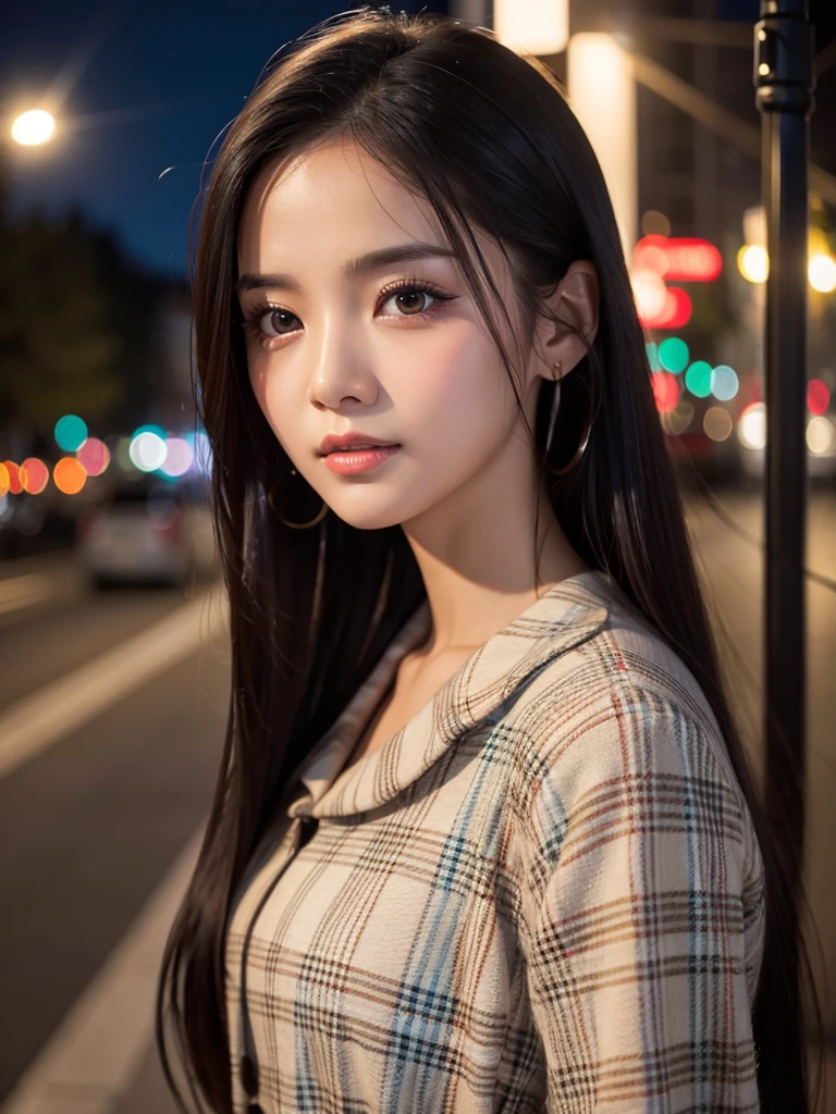 high resolution　8k　long eyelashes　thin eyebrows　natural lips　beautiful eyes　white skin　long hair　straight hair　black hair　plaid dress　night view　light　wide forehead　street light