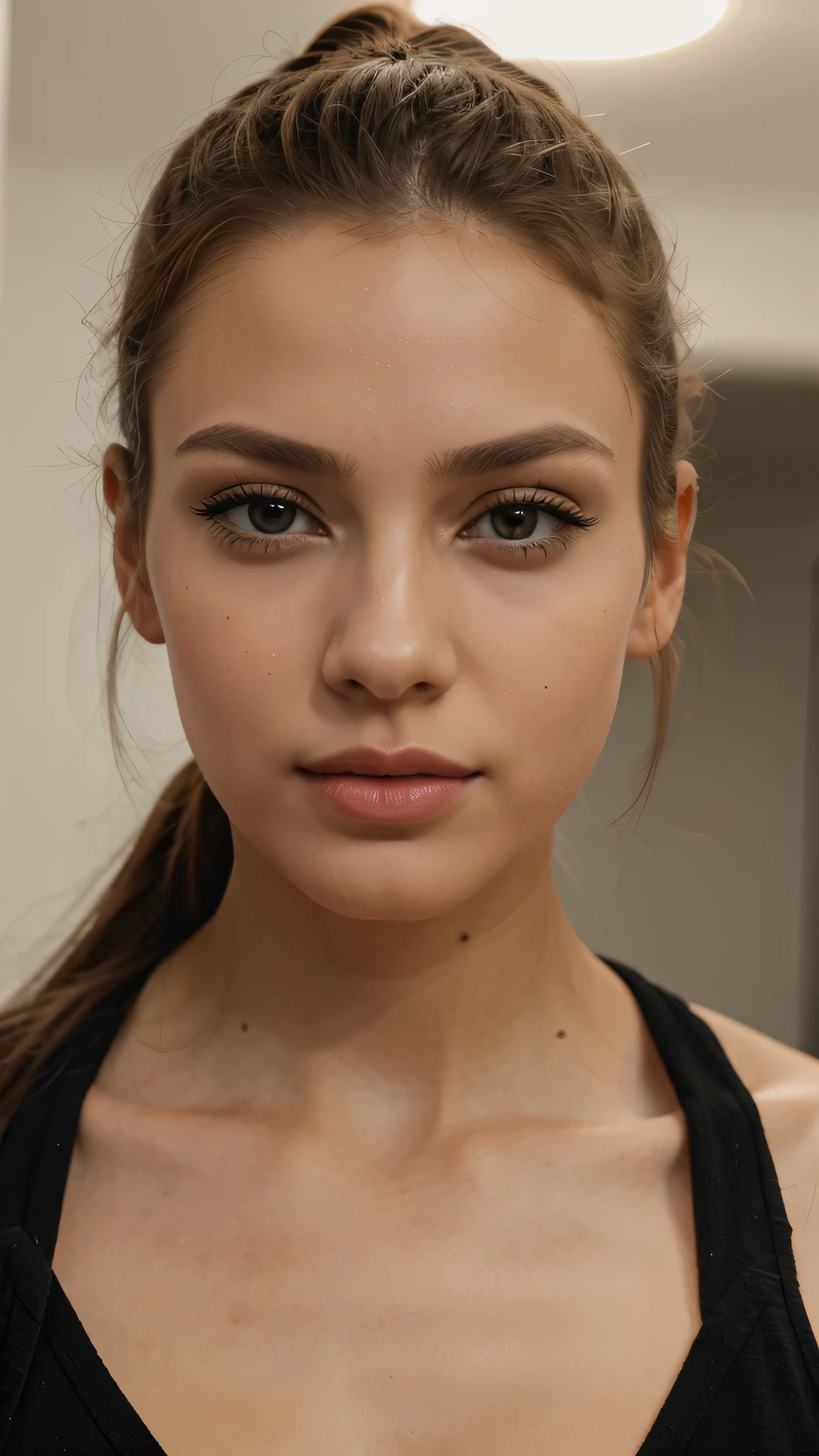 Portrait image of a beautiful girl. passport photo. Girl with lush closed lips. High detail. beautiful girl. looks straight into the camera. hair pulled back into a ponytail. Pronounced cheekbones and lush lips. The girl stands straight and looks at the camera. Drawn arrows and red lipstick. The girl is wearing makeup. face looking straight into the camera. small beautiful nose. lush lips.