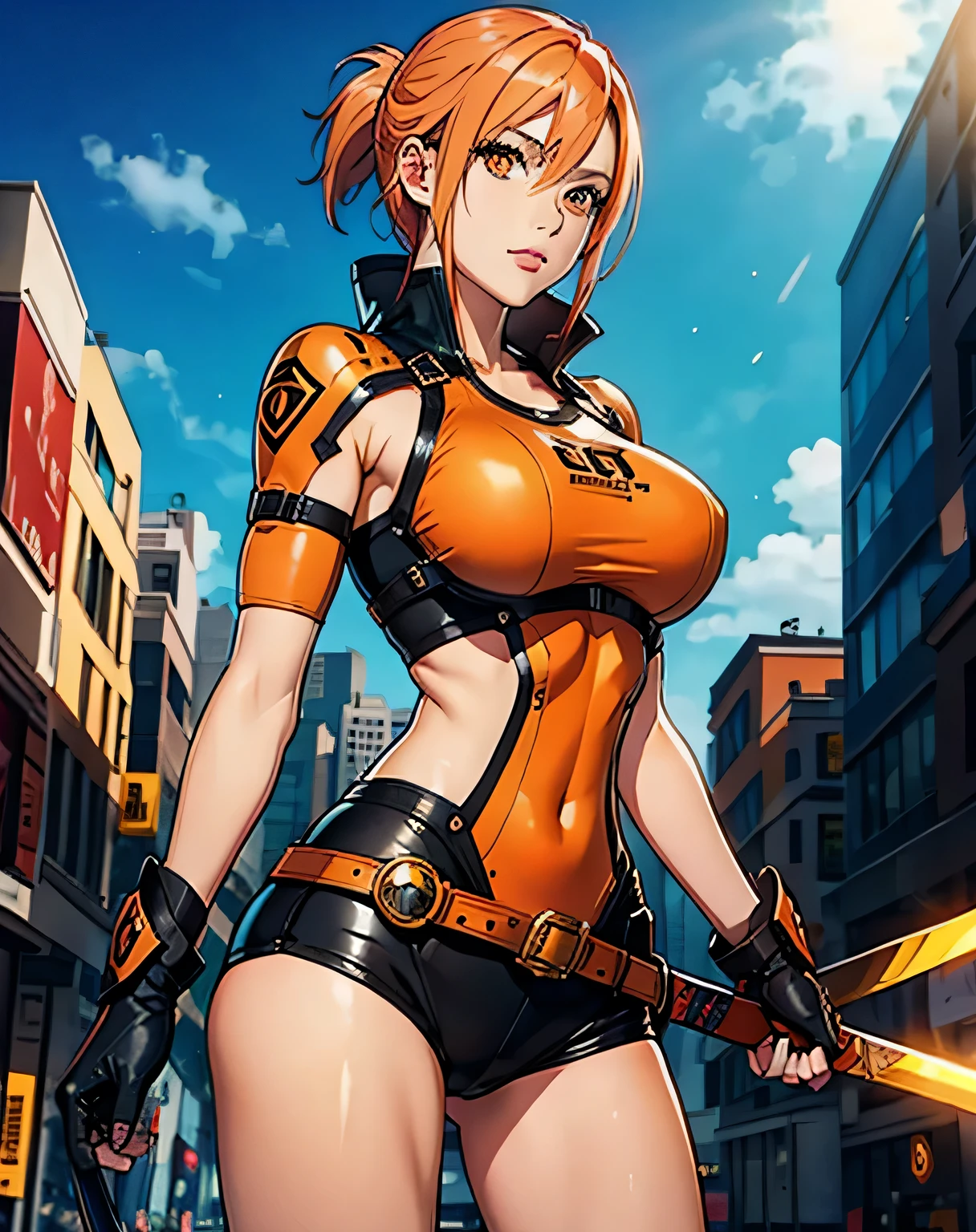 Amazon warrior, woman, hero outfit, sword and shield, orange hair