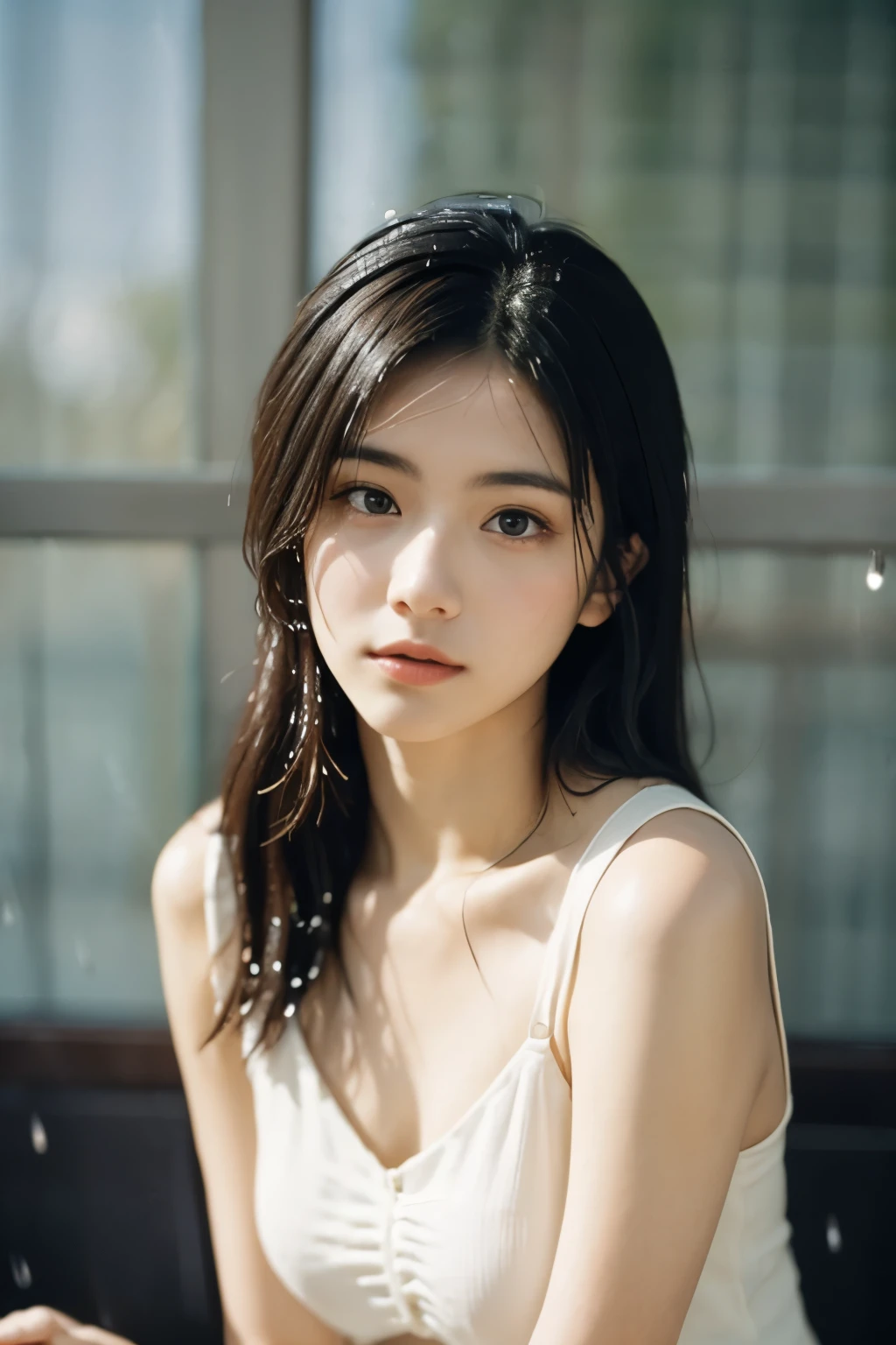 Photo of a girl sitting in a cafe,thin,tight dress,(cinematic appearance:1.4),calm tone,crazy details,intricate details,very detailed,low contrast,soft cinematic light,hazy,(dim colors:0.6),HDR,raw,Slate Grey Vibe,(It's raining outside:1.2),wet glass,