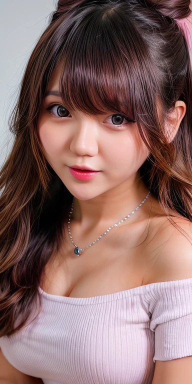 Canon RF85mm f/1.2,masterpiece,best quality,ultra highres,vc,1 girl,(korean mixed,kpop idol:1.2),solo,white_shiny_skin,black eyes,necklace,((brown_long_wavy_hair)),((pink_shiny_lips)),eyelashes,bangs,aface,make-up,shiny,Pore,skin texture,bracelet,offshoulder,see-through,big breasts, full body