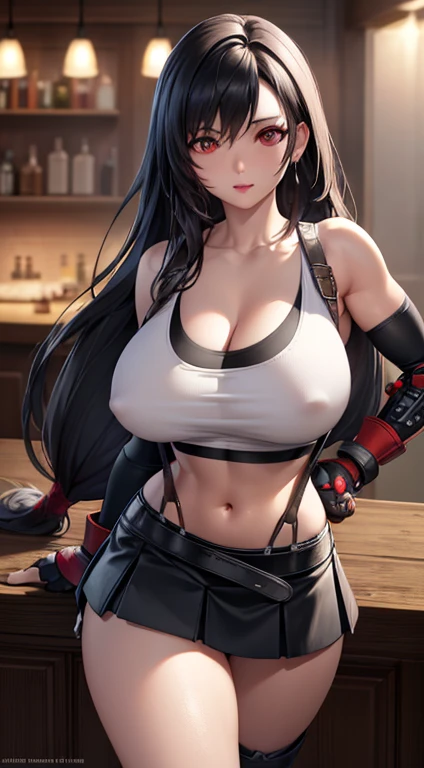 best quality, ultra-detailed, high resolution, extremely detailed CG, unity 8k wallpaper, super detailed skin, detailed, dynamic lighting, beautiful detailed eyes, defTifa, white crop top, elbow pad, fingerless gloves, suspenders, pleated skirt, red boots, bar counter,