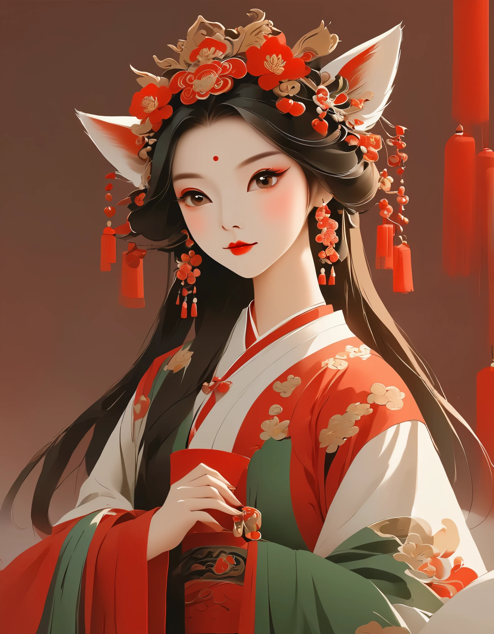 vector art，Peking Opera Fox Girl ，Fox fairy，（whole body），vector illustration vector illustration，Flat design style Flat design style，flat illustration flat illustration，，minimalism minimalism，Liu Danzhai，Chinese cultureChinese culture，Flat national style，The high-end sense of red and green CP，The ancient charm of Chinese style，Only Guofeng can do it, right?，The high-end and subtle beauty is really amazing