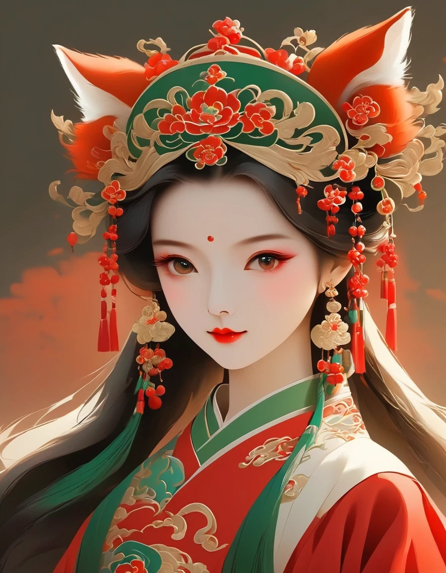 vector art，Peking Opera Fox Girl ，Fox fairy，（whole body），vector illustration vector illustration，Flat design style Flat design style，flat illustration flat illustration，，minimalism minimalism，Liu Danzhai，Chinese cultureChinese culture，Flat national style，The high-end sense of red and green CP，The ancient charm of Chinese style，Only Guofeng can do it, right?，The high-end and subtle beauty is really amazing