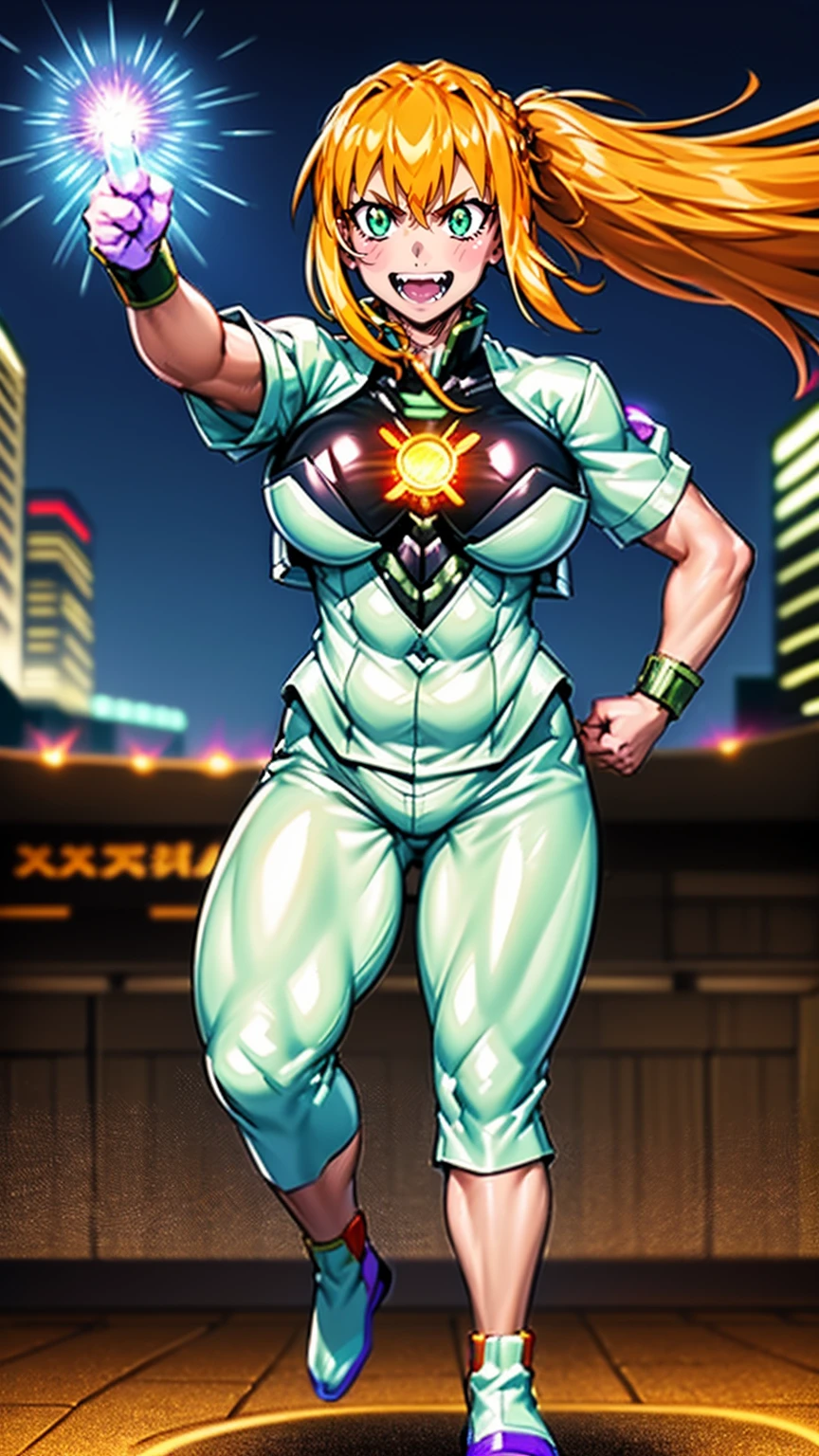 excel, orange hair, smile, fang, open mouth, green eyes,standing, medium breast, pants, pullover, , cyberpunk city magic, martial arts martial pose, full body, fangs, ponytail,,best quality, vivid colors, cyberpunk style, realistic lighting, detailed background, futuristic environment, neon lights, bustling streets, advanced technology, holographic displays, flying cars, skyscrapers, cityscape, rain, reflection, energetic atmosphere, intense action, dynamic movement, martial arts stances, powerful kicks, punches, martial arts weapons, adrenaline rush, orange hair flowing, vibrant green eyes glowing, captivating smile, fangs glistening, fierce expression, confident posture, stylish pants and pullover, sleek and modern fashion, edgy and confident appearance, magical aura, mystical powers, energy manipulation, intense focus, epic battle, confrontational stance, electrifying sensation, ponytail swinging, sharp and sleek features.
, full body standing,