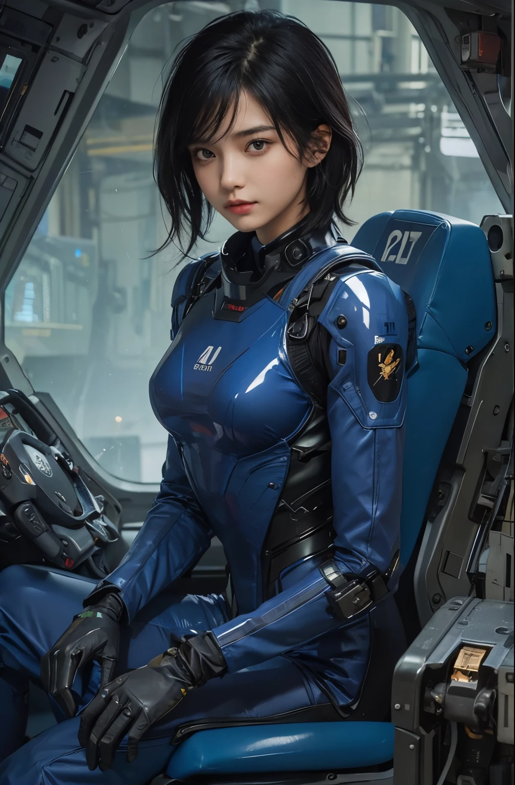 A beautiful girl. eighteen. Black hair. She is looking at the camera with a defiant expression. She wears a pilot suit made of blue-black metal. She wears a metallic suit that covers her entire body.She is sitting in the robot's cockpit.