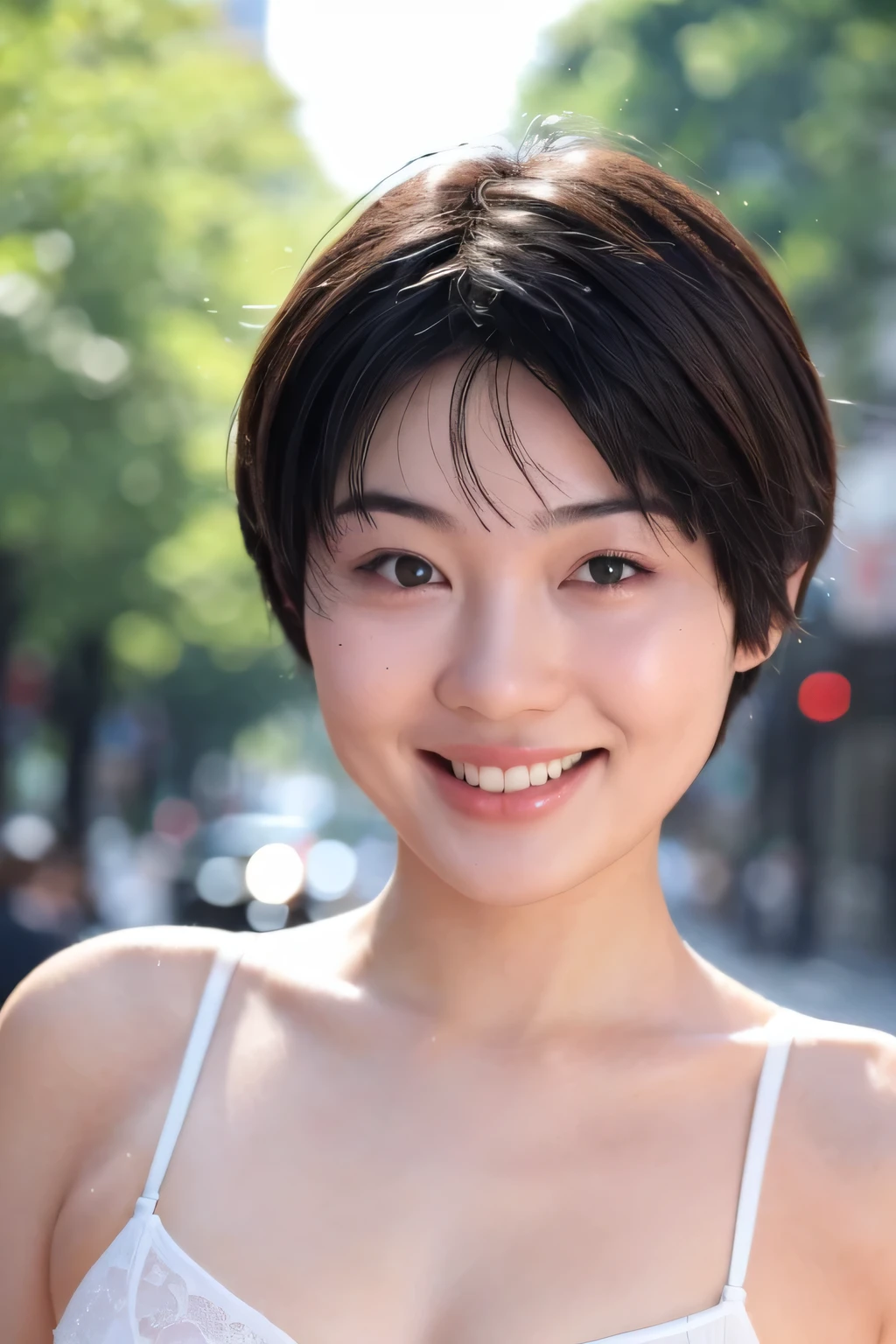 NSFW:1.5,((highest quality、8K resolution、master masterpiece、portrait:1.3)), Photoreal, 35mm film, 1 Japanese female, Upper body、on the street during the day, pixie bob cut_boyish、wrinkles around the eyes, plump body、smile,((white bra_panties:1.3)) , (outdoor:city street 1.3), jumbled background,look at the audience,Tokyo cityscape:1.3,smile