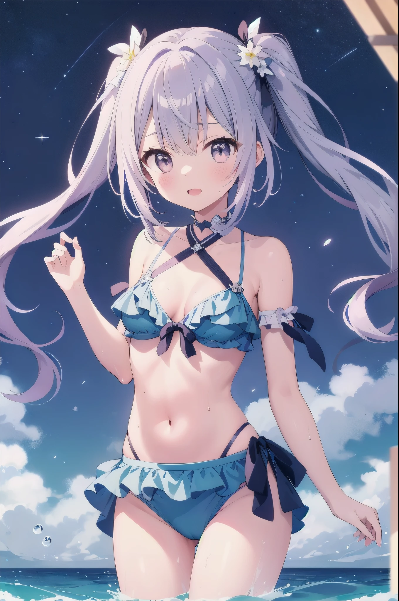 （masterpiece）、(highest quality)、((Super detailed))、(super delicate)、pastel colored hair、beautiful breasts、wet transparent bikini、Sea of night、fantastic starry sky