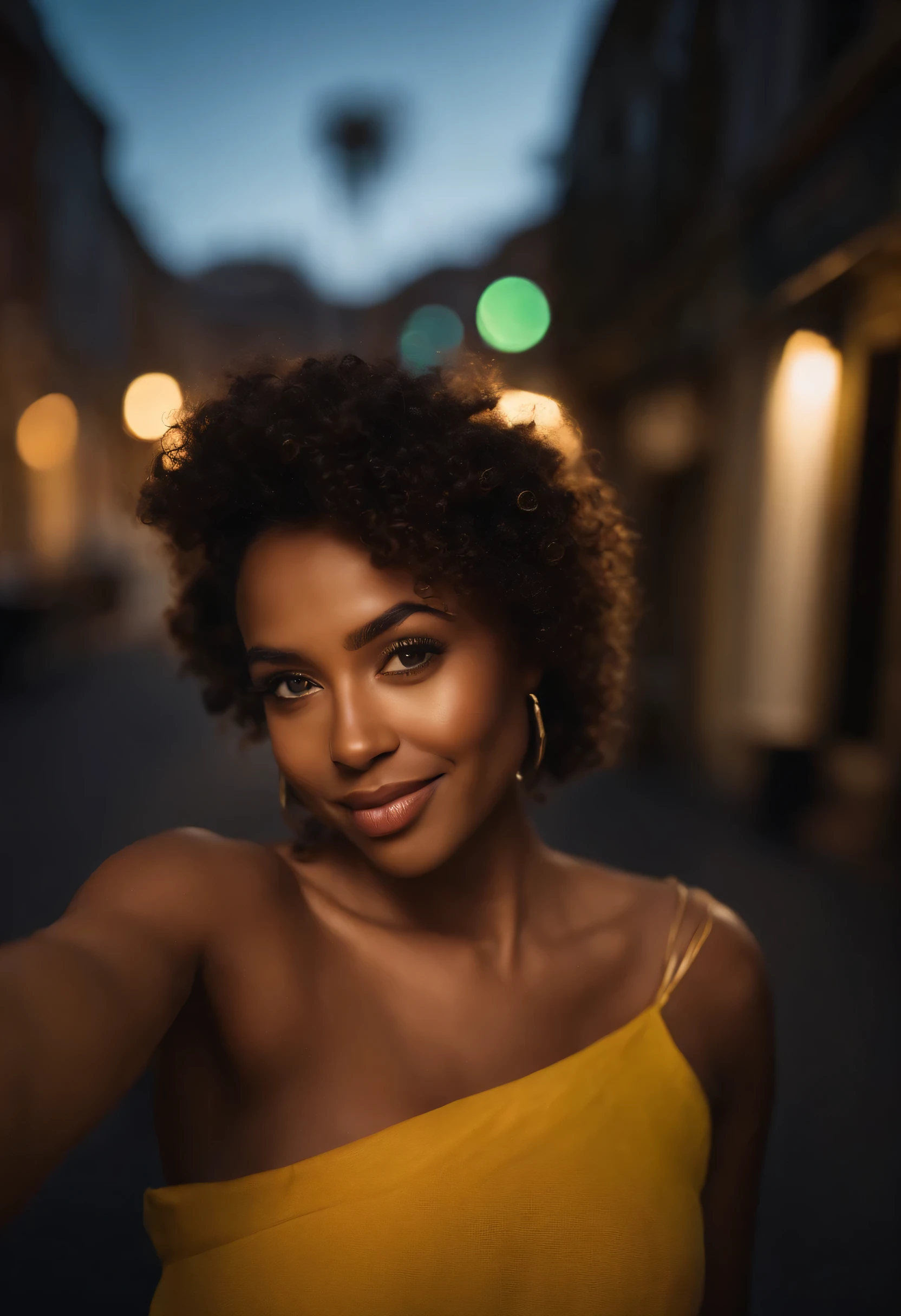 (foto de selfie, from aBove: 1.4), (half-Body portrait: 1.4), 24-year-old Black mixed-race woman (mulher de olhos verdes),Beautifull Black cabelo with Blond highlights, walking in a Bar RAW uhd portrait photo, natural Breast_B, city Background at noite, (yellow summer dress), (rachadura), detalhado (textura!, cabelo!, Brilhar, cor!!, imperfections: 1.1), highly detalhado glowing eyes, (looking at the camera), luz especular, dslr, qualidade extrema, Afiado focus, Afiado, DOF, Film grain, (centrado), Fujifilm XT3, claro como cristal, centro do quadro, rosto fofo, Afiado focus, street lamp, luzes de neon, Bokeh, (luz negra), sutil, noite, (noite sky ) detalhado skin pores, dark skin oil, Brown, detalhes complexos dos olhos