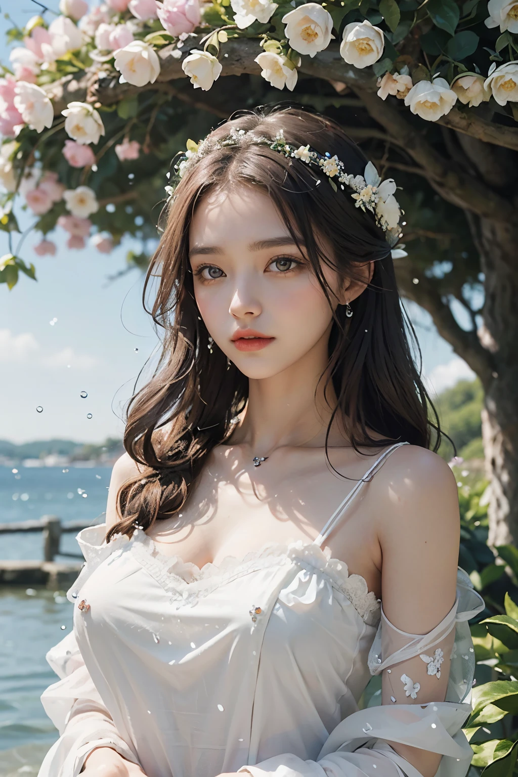 In the heart of a quaint Danish town, surrounded by a blooming sea of flowers, there stands a woman. The petals of various hues embrace her, their refined fragrance enveloping her entire being. As she gazes out at the delightful vista, her reflection glimmers in the tranquil water before her. Droplets from the petals gently dance upon her face and hair, leaving a thin veil of water droplets that accentuates her features.
Her bewitching beauty is further enhanced by her moody demeanor. Her striking visage, concealed in the shadow cast by the heavy canopy of blooms, exudes an indefin