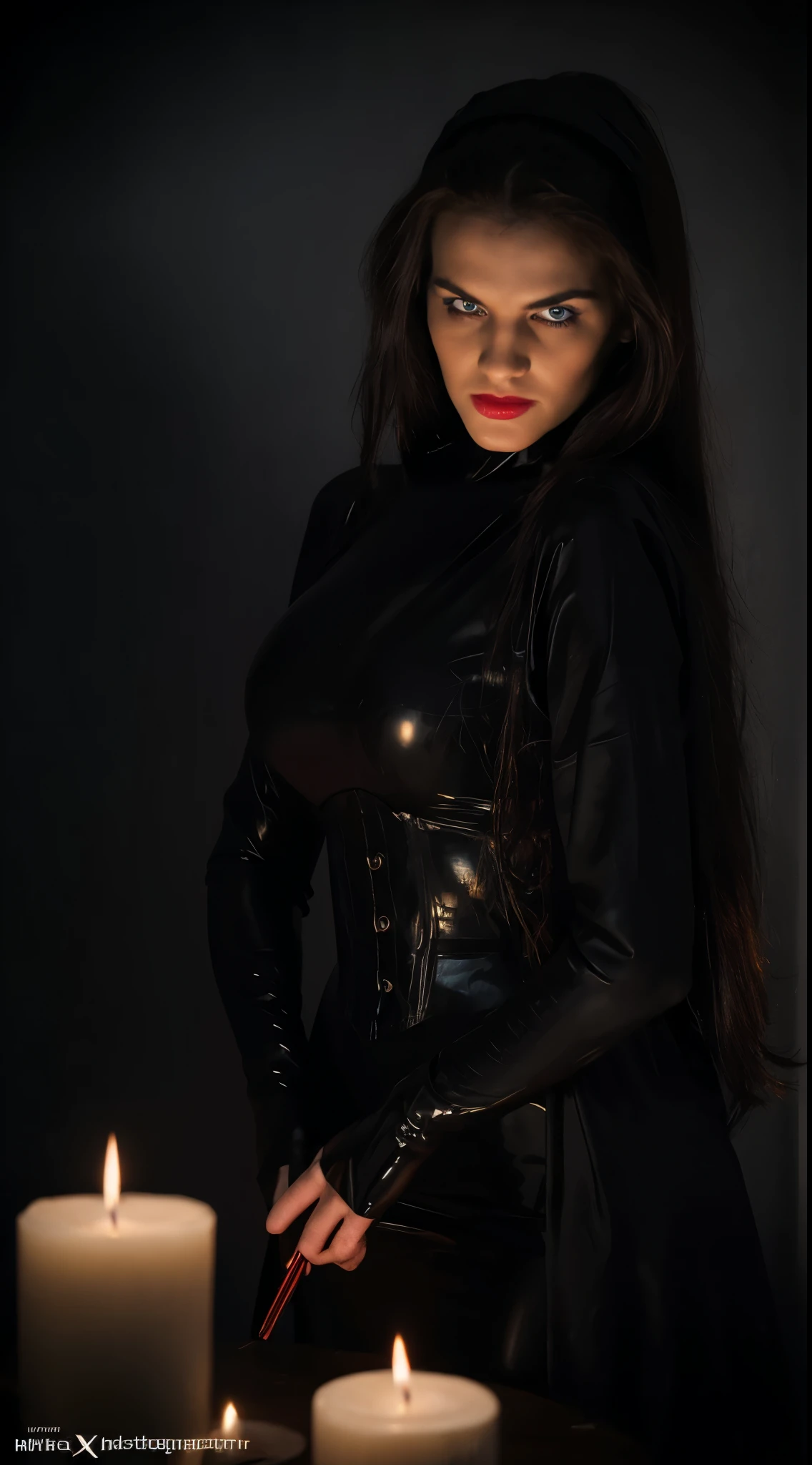 (best quality,4k,8k,highres,masterpiece:1.2),ultra-detailed,(realistic,photorealistic,photo-realistic:1.37),Satanic sexy Nun,illustration,oil painting,gothic style,nun outfit,dark atmosphere,black and red colors,dimly lit setting,detailed facial features,piercing red eyes,dark lipstick,seductive expression,demonic aura,mysterious background,hauntingly beautiful,religious symbolism,sinister symbolism,sacred candles,ominous shadows,subtle smoke effects,sharp focus,vivid colors,deep contrast,soft brush strokes,ethereal glow.