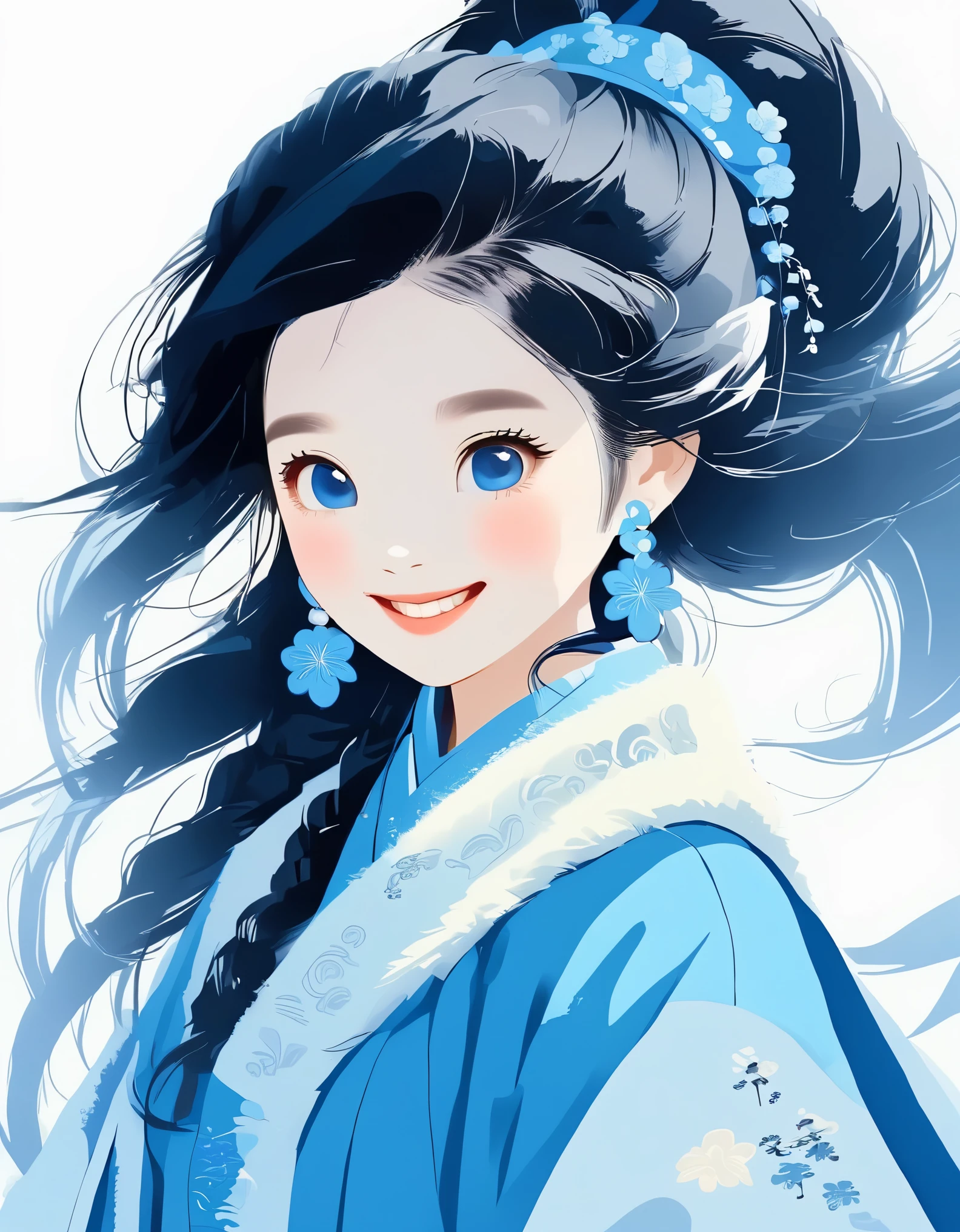 flat illustration style of a playful cool chinese girl,ancient black hair style,wearing a blue coat, wearing earrings,smile, white skin, Off-white background ,blue, niji