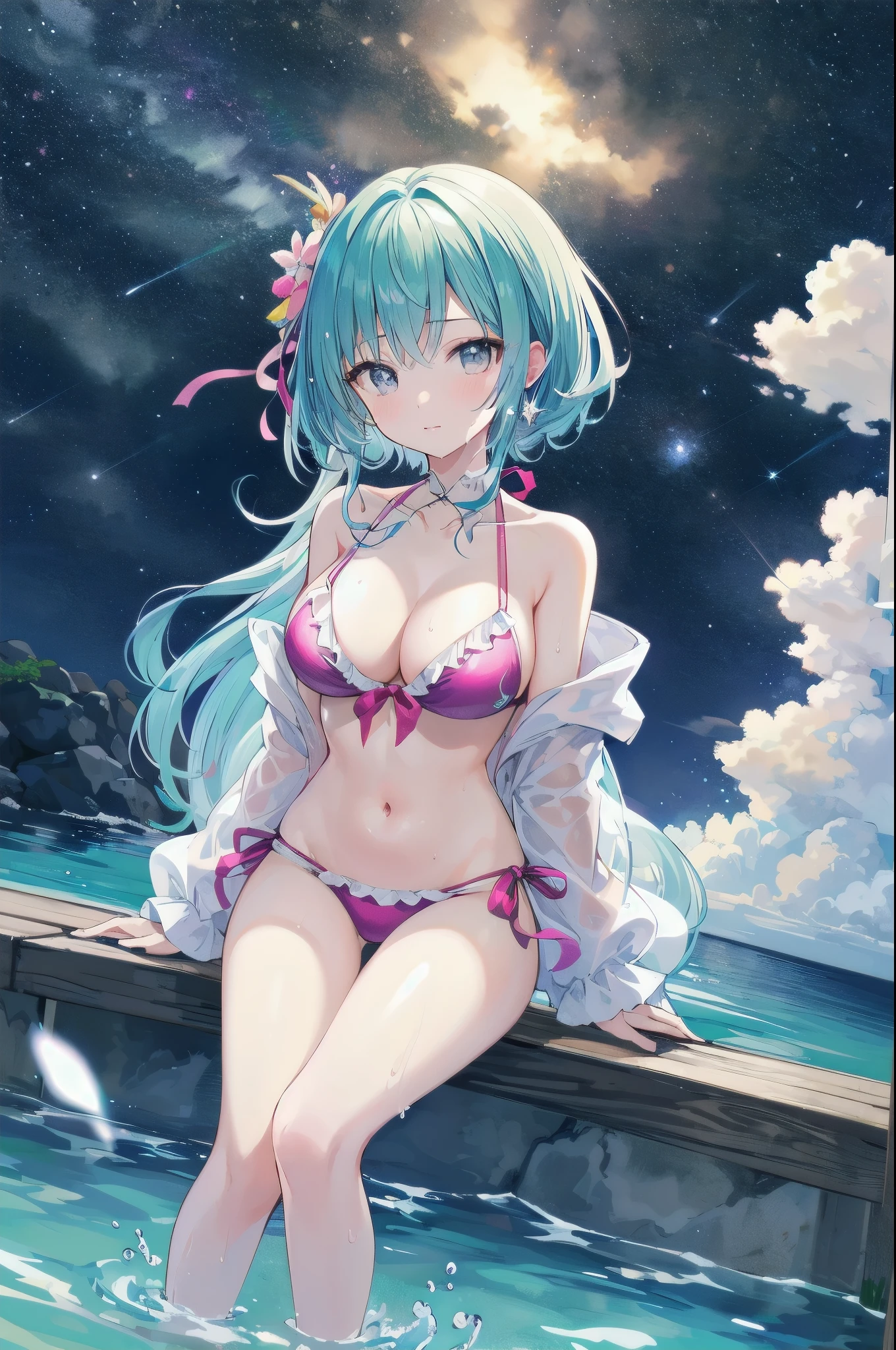 （masterpiece）、(highest quality)、((Super detailed))、(super delicate)、pastel colored hair、beautiful breasts、wet transparent bikini、Sea of night、fantastic starry sky