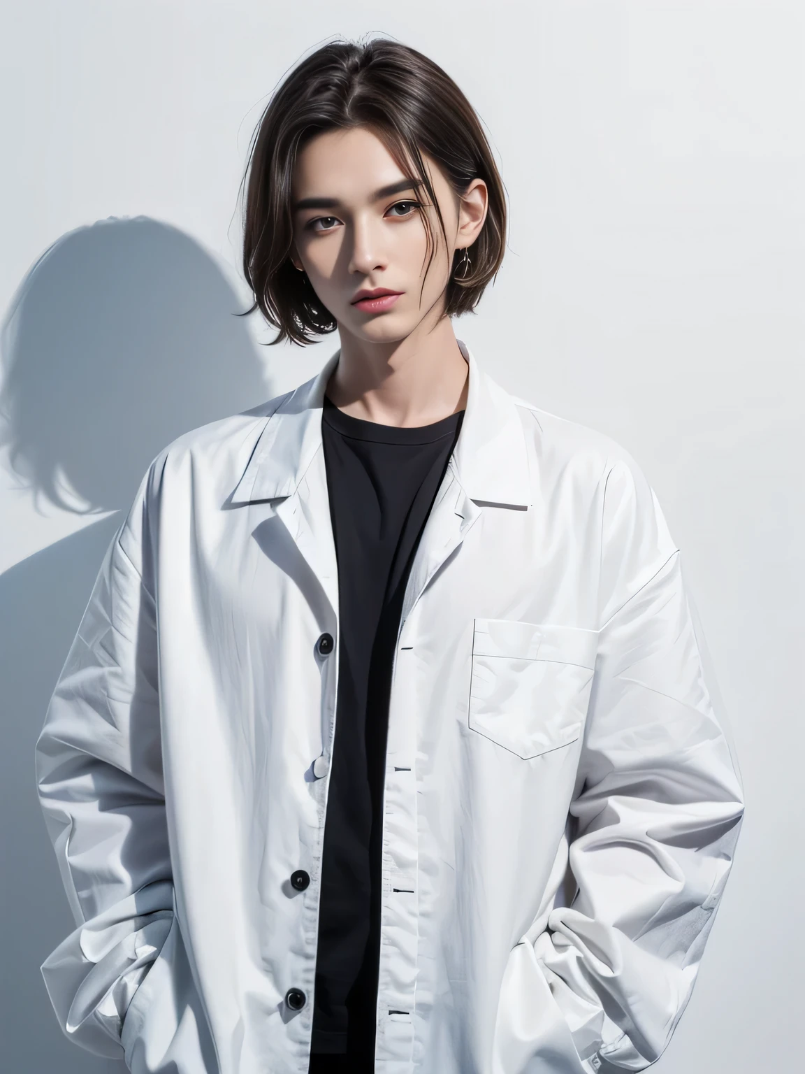 (8K, highest quality, High resolution, masterpiece :1.3), (white background), (handsome man), stylish, hisense, fashion, The contour is the length of the surface, eyes are long, black short hair, oversized clothes, baggy clothes, Upper body, earrings, graphic design, take a pose, 