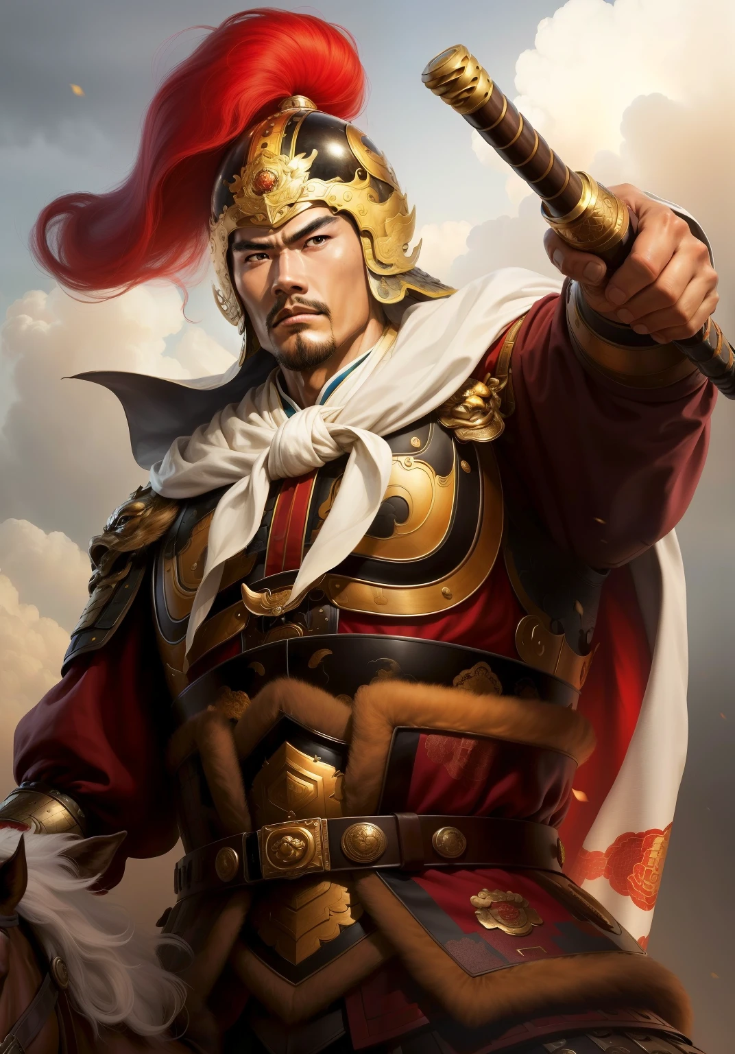(4K, best quality, high resolution:1.1), (masterpiece:1.1), man, (Chinese male:1.2), youth, warrior, delicate eyes,, Strong, brave的, brave, powerful, Honourable, disciplined, confident, looking at the audience,middle aged,
Face, support, Crown , armor, possessing weapons, riding, horse,Cloak,sword