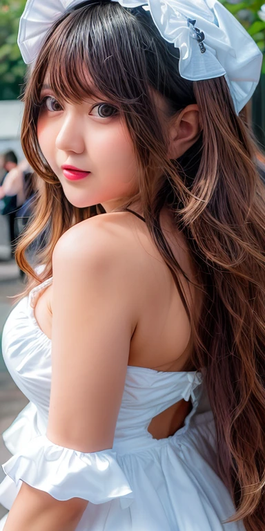 Canon RF85mm f/1.2,masterpiece,best quality,ultra highres,vc,1 girl,(korean mixed,kpop idol:1.2),solo,white_shiny_skin,black eyes,necklace,((brown_long_wavy_hair)),((pink_shiny_lips)),eyelashes,bangs,aface,make-up,shiny,Pore,skin texture,bracelet,offshoulder,see-through,big breasts,cosplay,pov,natural lighting,1girl,solo,
lolita_dress,standing,bonnet,
crowd,cosplay,blur,blurry,blurry background,nsfw,
