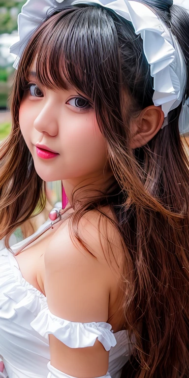 Canon RF85mm f/1.2,masterpiece,best quality,ultra highres,vc,1 girl,(korean mixed,kpop idol:1.2),solo,white_shiny_skin,black eyes,necklace,((brown_long_wavy_hair)),((pink_shiny_lips)),eyelashes,bangs,aface,make-up,shiny,Pore,skin texture,bracelet,offshoulder,see-through,big breasts,cosplay,pov,natural lighting,1girl,solo,
****ta_dress,standing,bonnet,
crowd,cosplay,blur,blurry,blurry background,nsfw,
