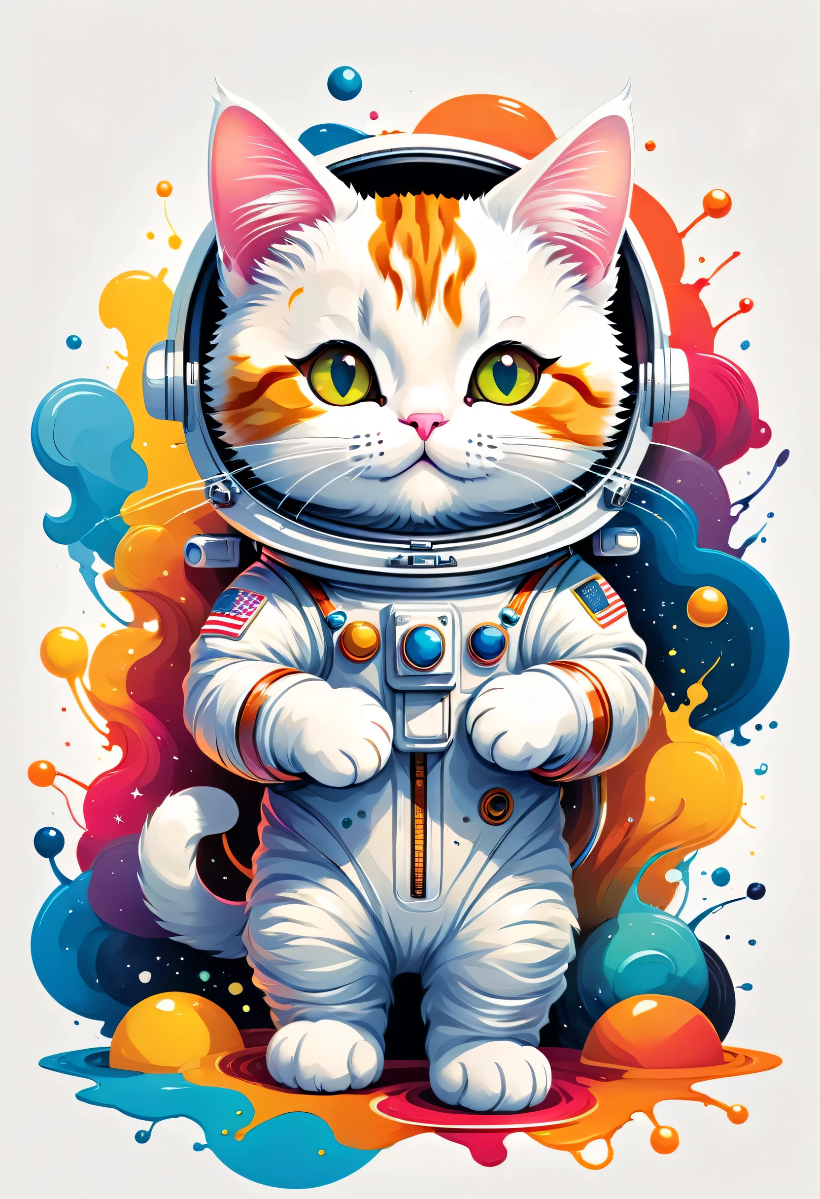 vector art, Colorful doodle illustration, cute cartoon:Cat astronaut, in the center, bright colors, Splashes and stains on paint, adobe illustrator, high detail, ((white background)),rich colors,draw carefully,symmetry,masterpiece,best composition,Simple is Best