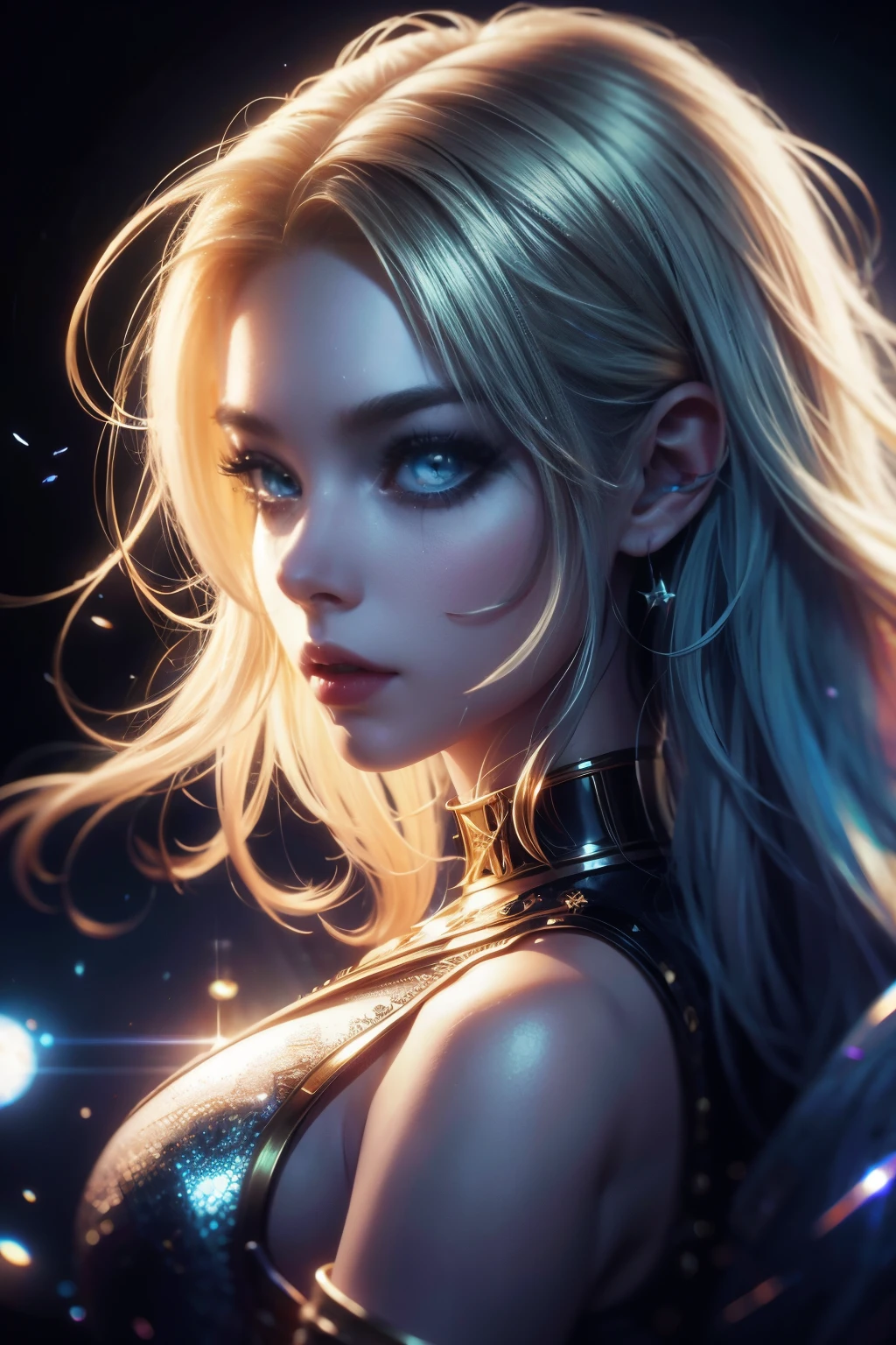 (extremely detailed CG unity 8k wallpaper,masterpiece, best quality, ultra-detailed),(best illumination, best shadow, an extremely delicate and beautiful),floating,high saturation,blonde hair+blue eyes:1.2,gloomy gothic scenery, long hair, gaze into the distance. (A beautiful girl with long blonde hair and blue eyes sparkling gothic lighting)