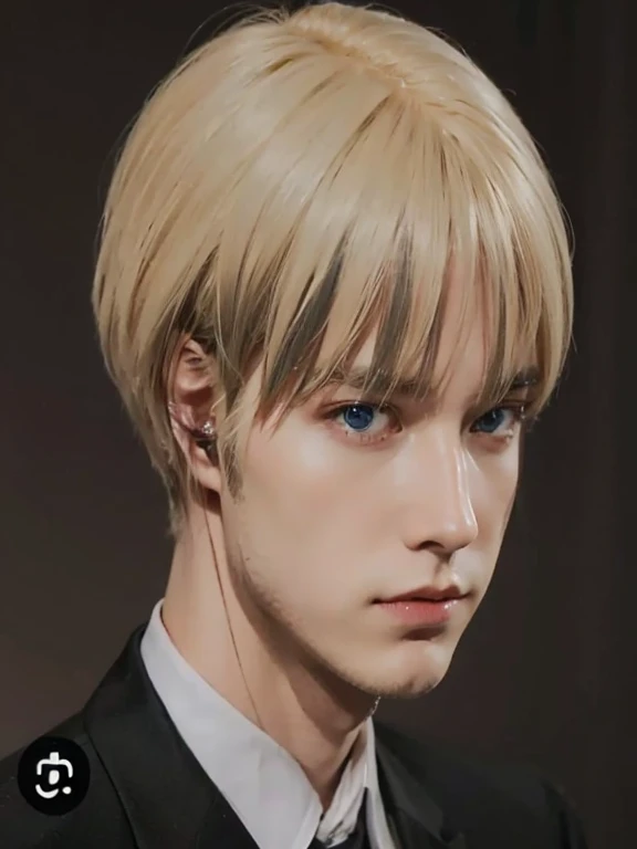 (realistic,best quality)A blonde hair guy with blue eyes, serious look on his face wearing formal suit, detailed