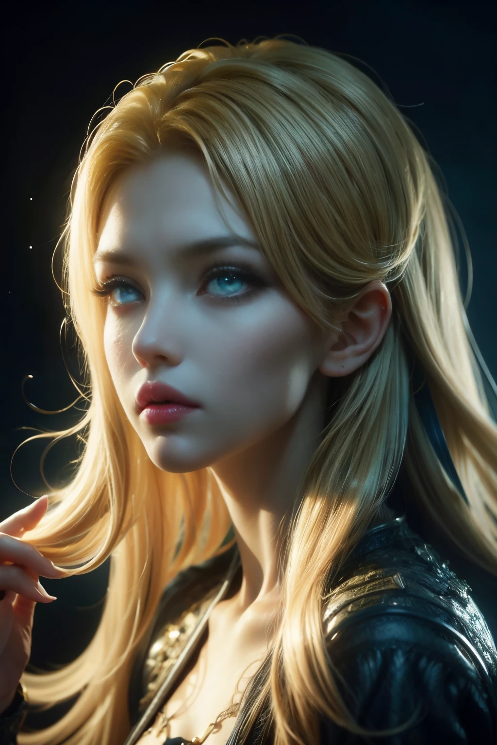 (extremely detailed CG unity 8k wallpaper,masterpiece, best quality, ultra-detailed),(best illumination, best shadow, an extremely delicate and beautiful),floating,high saturation,blonde hair+blue eyes:1.2,gloomy gothic scenery, long hair, gaze into the distance. (A beautiful girl with long blonde hair and blue eyes sparkling gothic lighting)