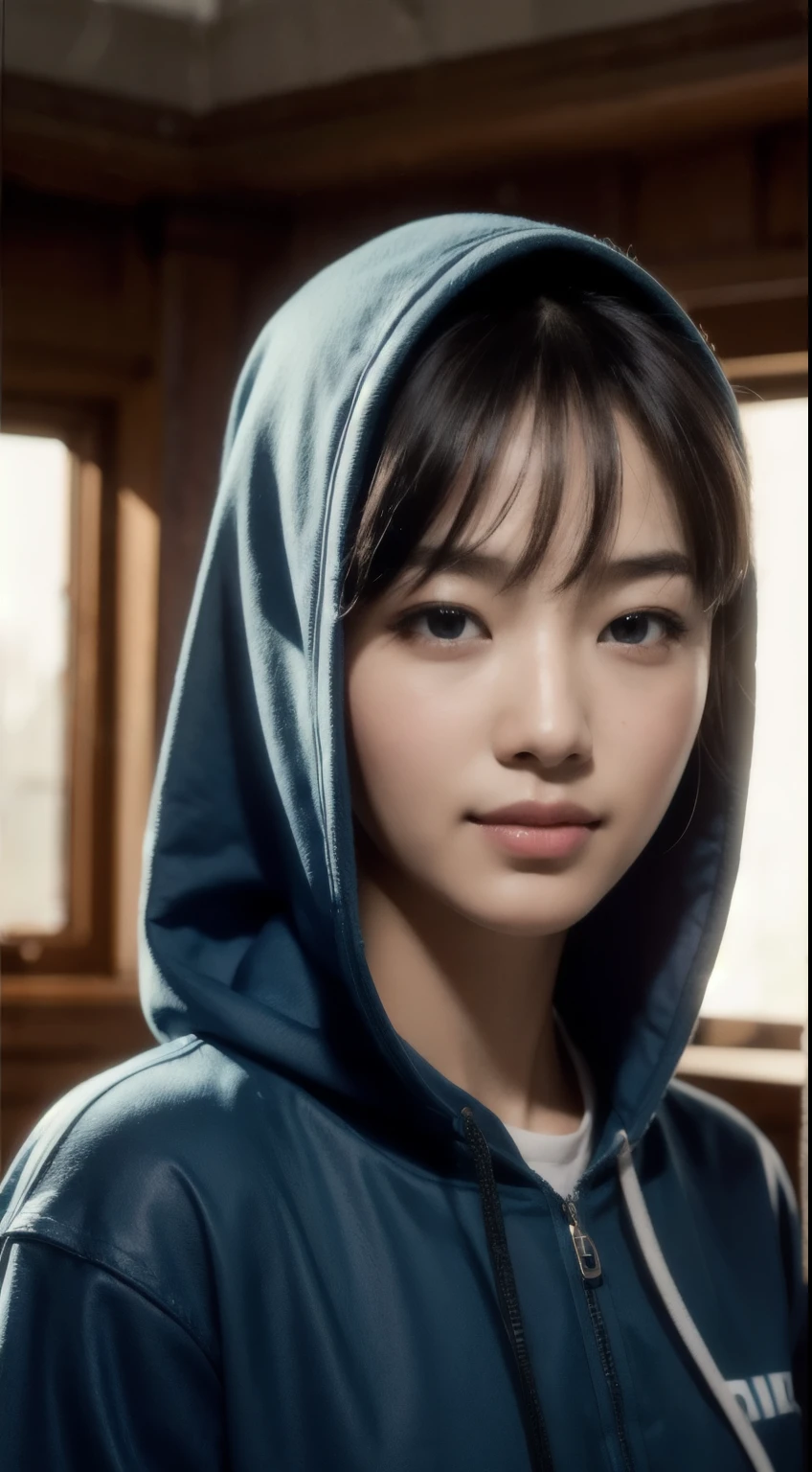 8k, best quality, masterpiece, realistic, ultra detail, photo realistic, hyper realistic, smoother lighting, increase cinematic lighting quality, realistic lighting, backlighting, brightening light, Increase quality, best quality real texture skin, 
close-up, slender, cute face, smile, beautiful details eyes, 19years old korean, pretty, Drill hair with electric blue color, hood,