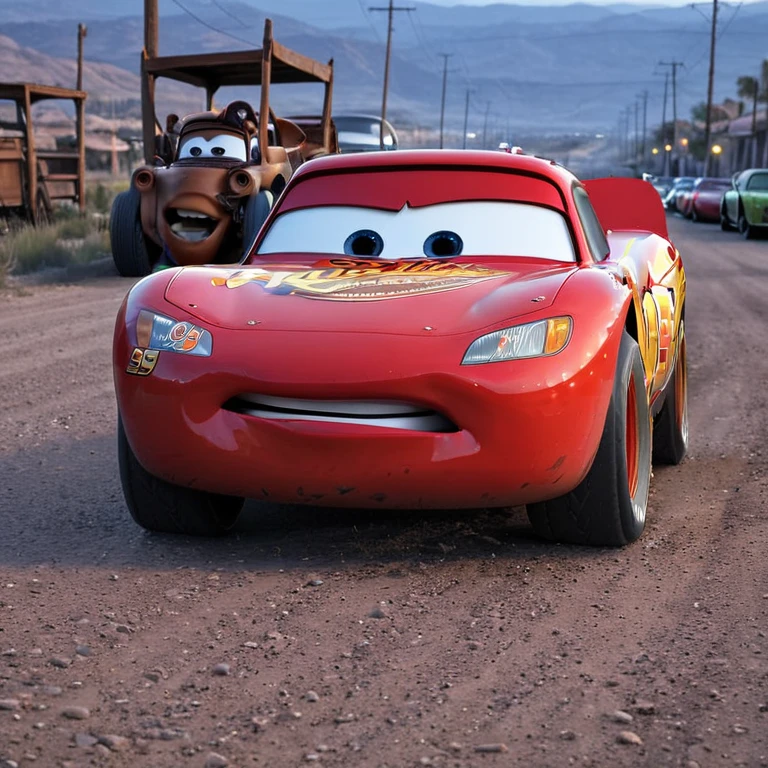 cinematic photo cinematic movie still black tires,eyes,Lightning_mcqueen,Boca,coche de carreras,Breed Decals,racing tires,carro amarillo,Pegatinas,dientes,en verano,ciudad, anochecer,ciudadscape,calle,centro,acera,camino_firmar,camino,traffic_cone,Poste de luz,multitud,barandilla,de_side, . poca profundidad de campo, viñeta, muy detallado, movie de Hollywood de alto presupuesto., bokeh, cinemascope, feliz, epic, Gorgeous, movie grain, granoso . 35mm photography, movie, bokeh, profesional, 4k, muy detallado, con luces encendidas