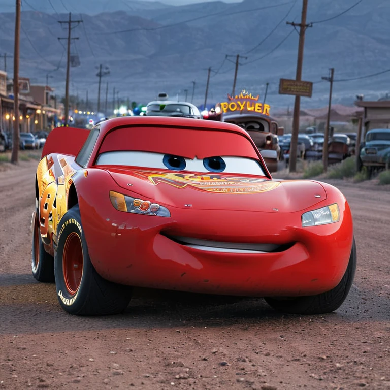 cinematic photo cinematic movie still black tires,eyes,Lightning_mcqueen,Boca,coche de carreras,Breed Decals,racing tires,carro amarillo,Pegatinas,dientes,en verano,ciudad, anochecer,ciudadscape,calle,centro,acera,camino_firmar,camino,traffic_cone,Poste de luz,multitud,barandilla,de_side, . poca profundidad de campo, viñeta, muy detallado, movie de Hollywood de alto presupuesto., bokeh, cinemascope, feliz, epic, Gorgeous, movie grain, granoso . 35mm photography, movie, bokeh, profesional, 4k, muy detallado, con luces encendidas