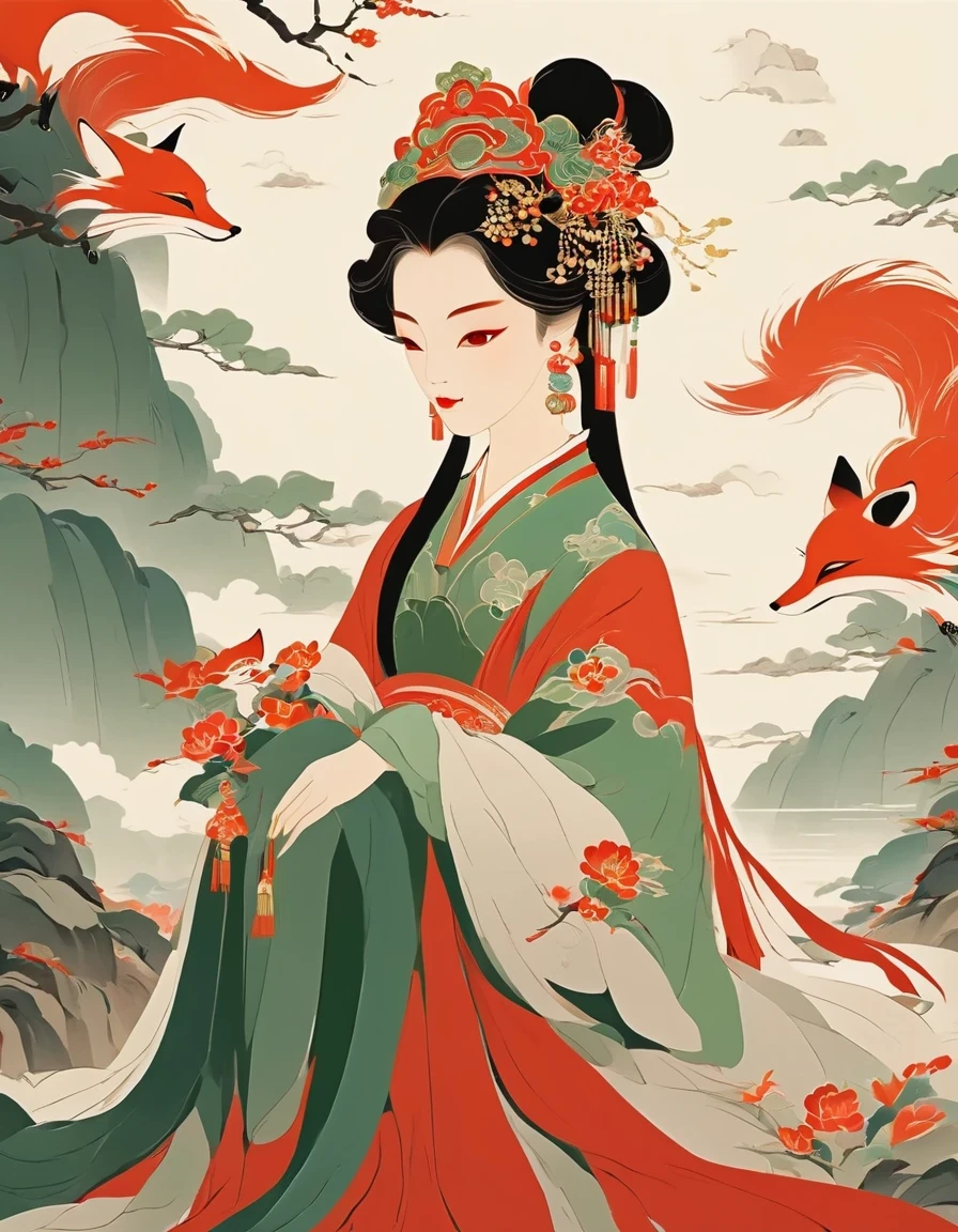 Minimalist Modern Art，vector art，Peking Opera Fox Girl ，Fox fairy，（whole body），vector illustration vector illustration，Flat design style Flat design style，flat illustration flat illustration，，minimalism minimalism，Liu Danzhai，Chinese cultureChinese culture，Flat national style，The high-end sense of red and green CP，The ancient charm of Chinese style，Only Guofeng can do it, right?，The high-end and subtle beauty is really amazing