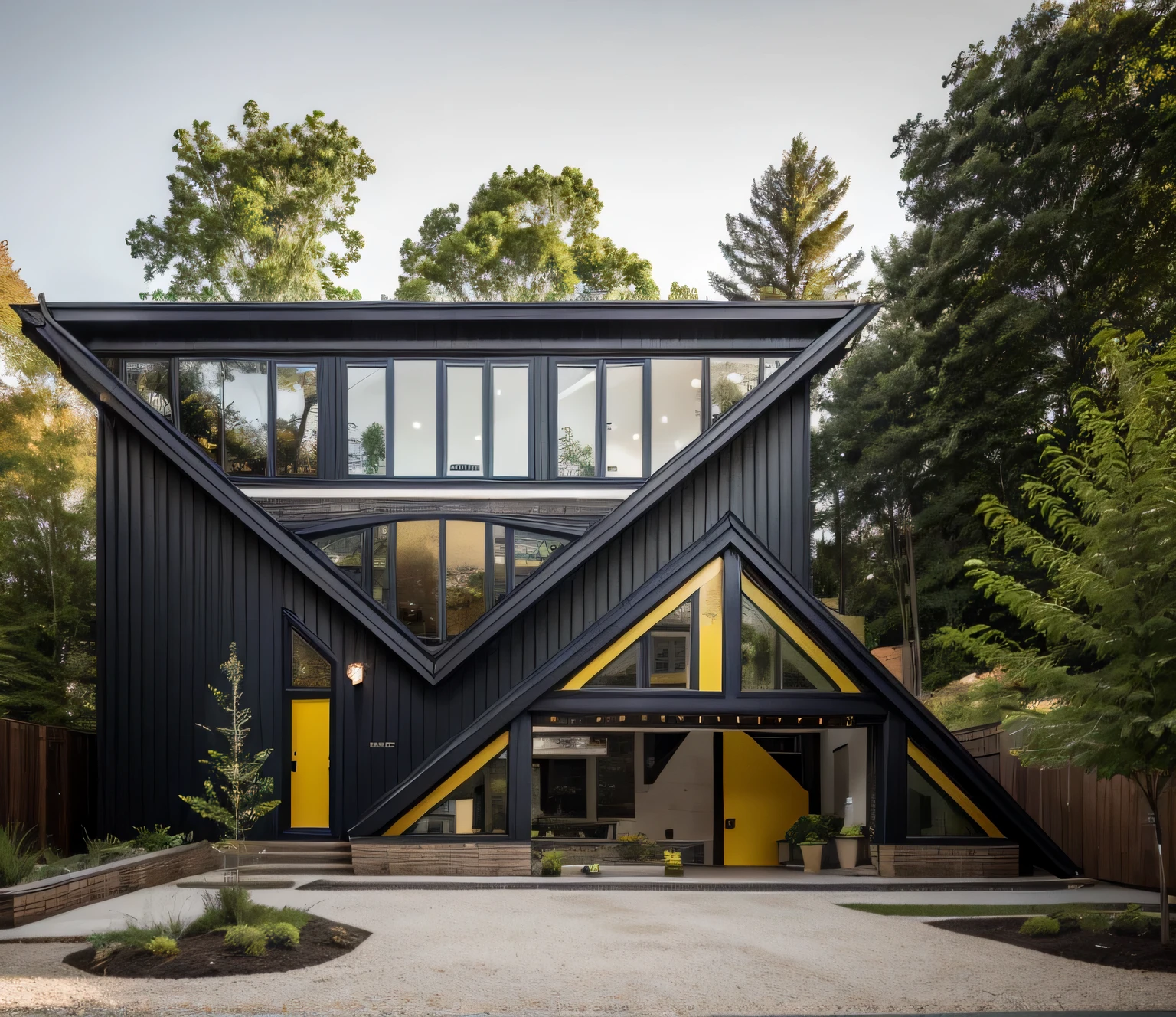 house exterior industry style, dark yellow and green color scheme, like an oldtime industry factory,raw materials, exposed structural elements, and simple, clean lines,rough-hewn steel, polished concrete, glass, and exposured brick,