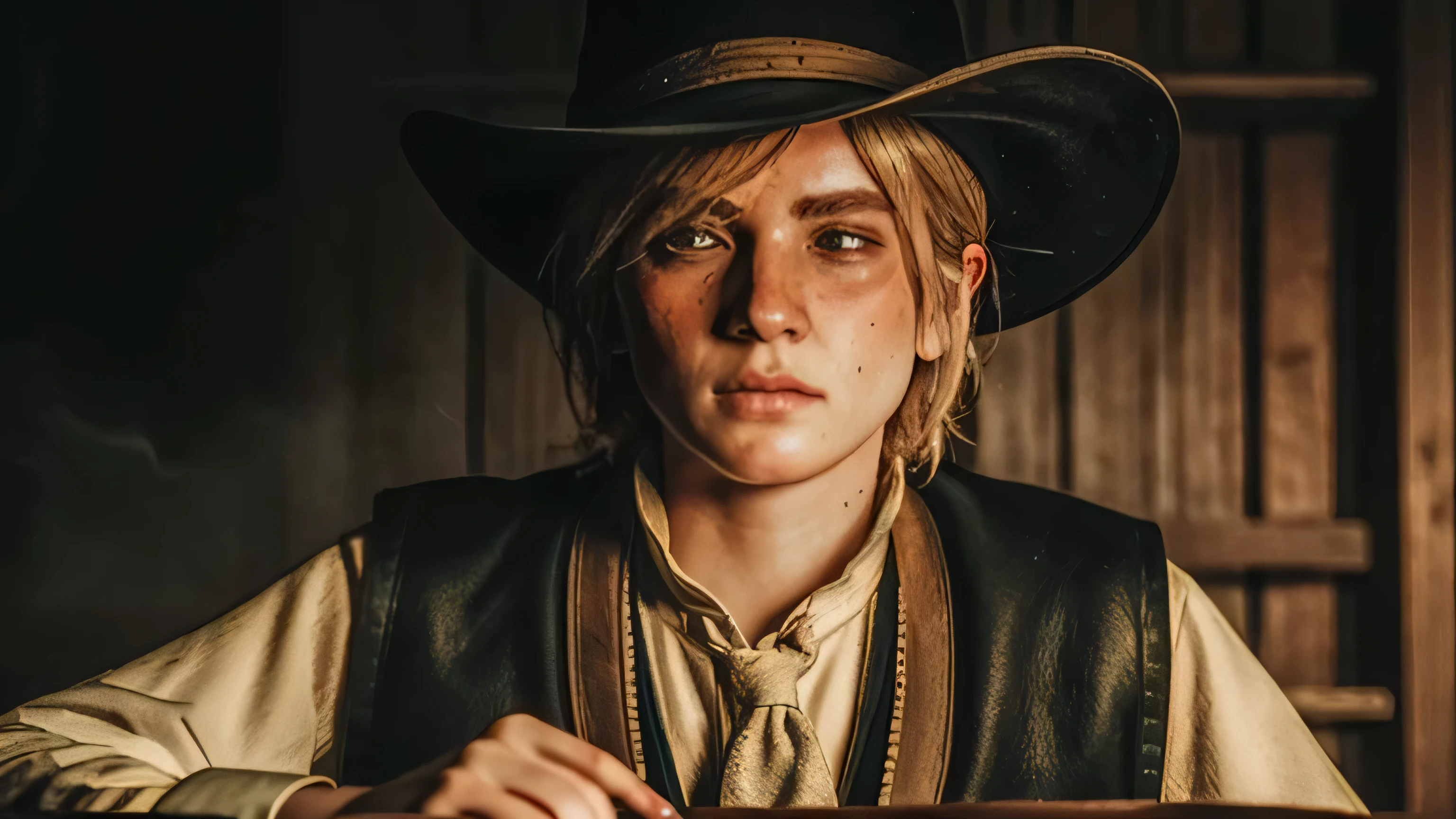 ((ultra detailed, masterpiece, best quality)) RDR2Sadie, 1girl, solo, blonde hair, Within a dimly lit saloon, poker table in focus, cowboy vest and hat, a haze of cigar smoke, holding a hand of cards with a poker face