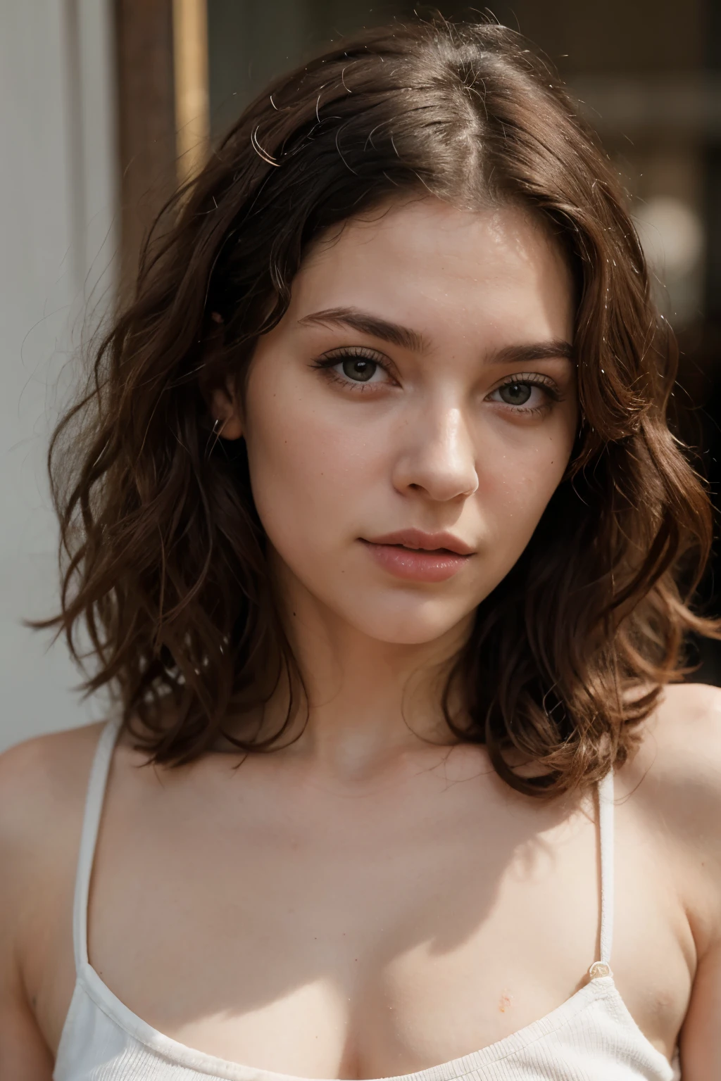 (pale skin woman), (Ultra detailed face and eyes:1.3), 1 girl, Adult, in a T-shirt, (Eye makeup, mascara) , ((large detailed lips)), ((Dark wavy hair)), ((Chyolka)) , (Natural breasts), Slim waist. ((Posing)), photoshoot, studio (soft lighting), (The play of light and shadows), depth of field, bokeh, (special attention to skin detail: 1.2), ((close-up portrait, close to the camera top view)) , ultra detialed,