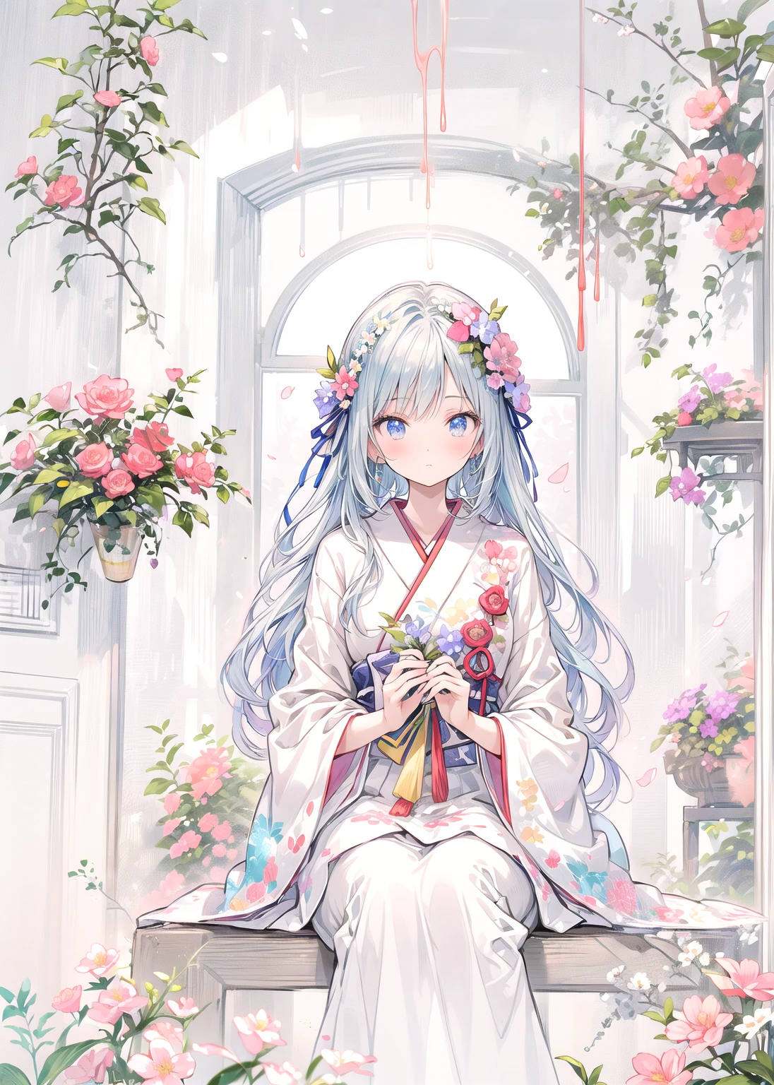Goddess presiding over spring, Japanese attire, soft smile, spring, ephemeral, fields, spring flowers, natural light, daylight, mysterious, divine,