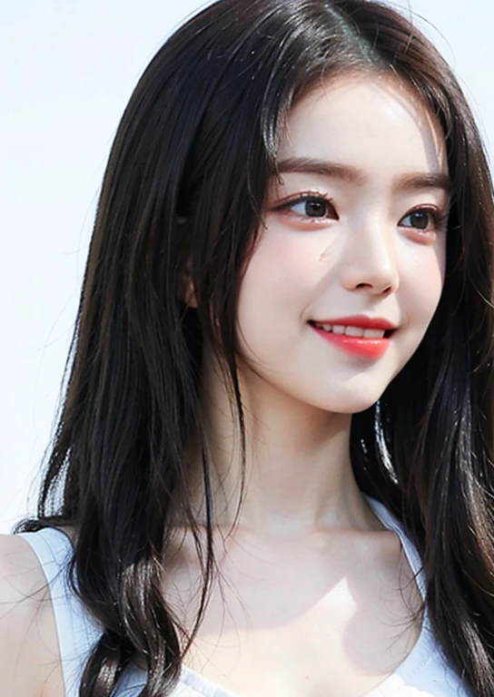 best quality, extremely detailed face, perfect lighting, (1girl, solo:1), (((sport bra))), ((puffy eyes)),(((black hair))),long hair, white background, low tied hair, (smile:1),((irene)), 