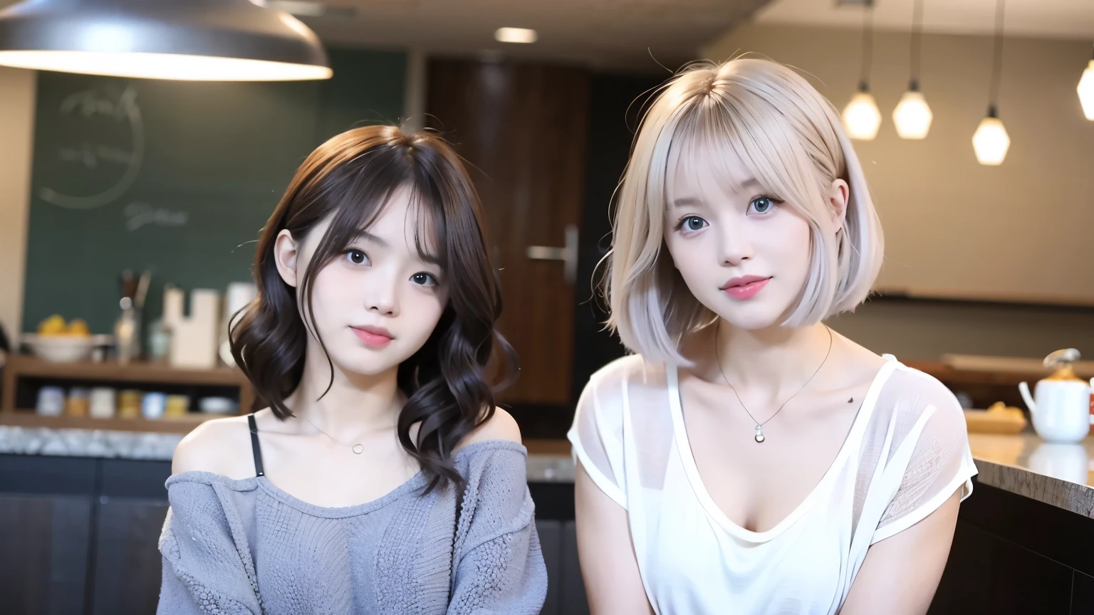 mix 4,(highest quality), (Photoreal),(New York cafe interior background:1.2), One female, Upper body, high detail face,, (The hair color is very bright on the inside.)、Fujifilm XT3、 (8K)、less bangs、(short hair:1.3)、(hair with the ends facing outward:1.6)、wet hair、smile、Delicate and realistic skin and hair、(cowboy shot:1.5)、Patterned lace clothes Cesium bob hair:1.1)、(Overlapping blonde hair color:1.5)、less hair、Adult-like appearance、looking here、(Shoulder-covering clothing:1.5)、Splash in the cafe、spring clothes、(smile:1.3)、(髪のThe hair color is very bright on the inside.:2)、different hair colors、(Hair color that mixes various colors:1.8)、Unicorn Color、Rainbow Corner Color、Hair that has been bleached many times、(hair color close to white:1.5)、1 person、dramatic、flowing side hair、Layered Hair Color、model pose、Partially black hair、beautiful body line