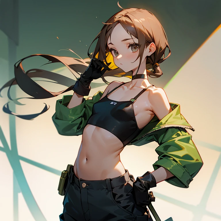 slender、Goggles on foreheadをつけている、small ass、A slender and delicate mechanic girl、Roomy clothes、oversized cargo pants、It's a bellybutton、White camisole with thin fabric、visible bra straps、bare shoulders、off shoulder、work gloves、Goggles on forehead、hold a wrench in one hand、brown skin、medium length hair、slender、medium chest size、choker、pants are visible、show pants