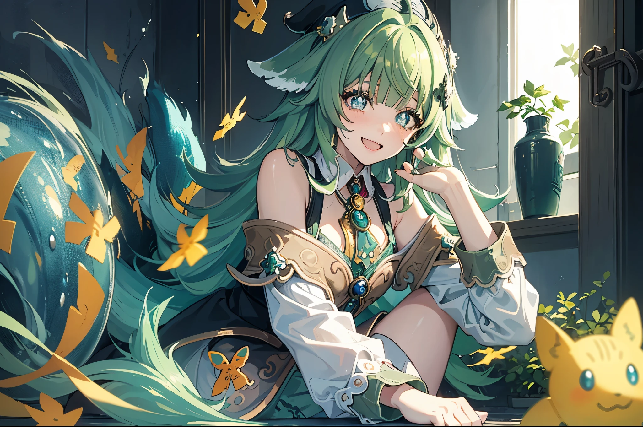 A girl with green hair and blue eyes smiling brightly. Smiling girl with green hair and blue eyes looking happy. Happy girl with green hair and blue eyes in a cheerful pose. Cheerful girl with green hair and blue eyes smiling warmly. Bright-eyed girl with green hair beaming with joy.