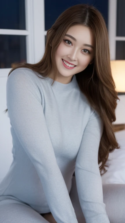(night, soft light, quality, 8K, masterpiece, original photo: 1.3),mystery, beautiful young woman, like a dream, Red eyes, elongated eyes, Narrow your eyes, symmetrical eyes, (Highlight color hair, More information about long hair, bob hairstyle), ear nipple ring, thin bracelet on wrist, ( Long-sleeved sweater, Outer coat,leggings: 1.2) , Ultra-detailed, intricate details, Highly detailed faces and skin tones, Slim, delicate eyes, actual, cosmetics, intellectuals, seductive big breasts, beautiful pose, big breasts, bed room, Invincible smile