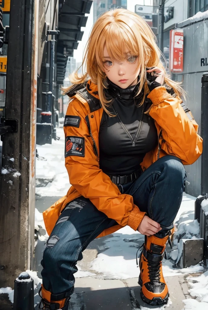 there is a woman sitting on a sidewalk in the snow, wearing space techwear, photograph of a techwear woman, techwear look and clothes, 2 techwear women, wearing japanese techwear, wearing urban techwear, robotech styling, wearing cyberpunk streetwear, techwear fashion, she is wearing streetwear, rena nounen style 3/4, cyberpunk streetwear